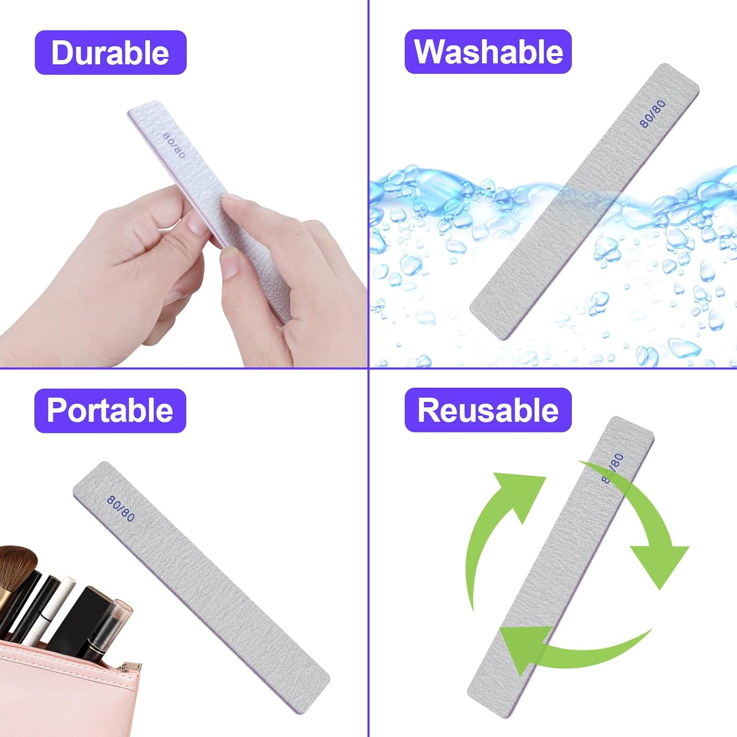 80/80 Grit Nail Files (100 Pack), Heavy Coarse Emery Boards for Acrylic Nails and Gel Nails, 80 Grits Double Sided Nail File Emory Professional Nail Filer Reusable Washable Manicure Square Gray image number 2