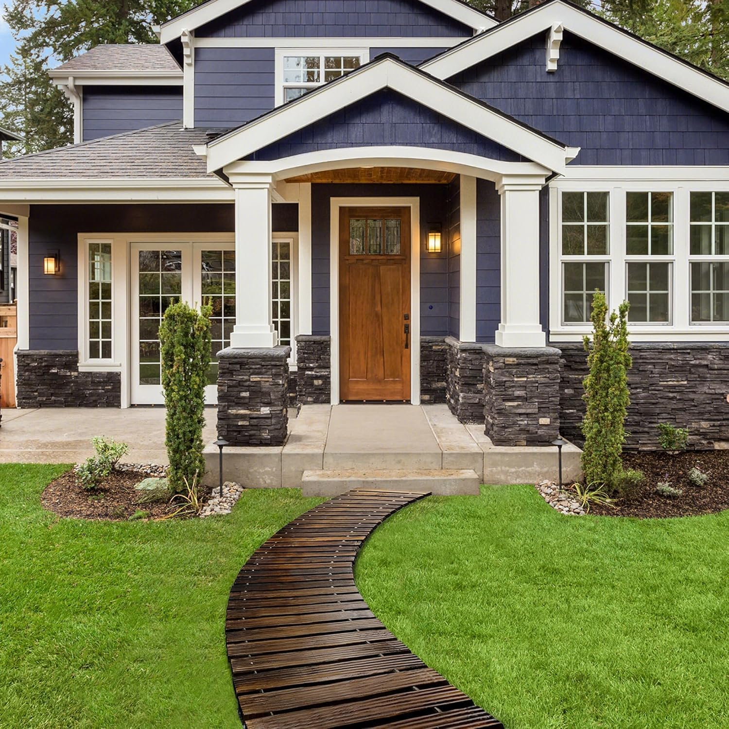 2.5M Wooden Garden Pathway, Outdoor Roll-Out Cedar Curved Walkway, Patio Path Decorative Garden Boardwalk, Weather-Resistant Roll-Up Beach Wood Road Floor, Wedding Party Pathways(Carbonizing) image number 4