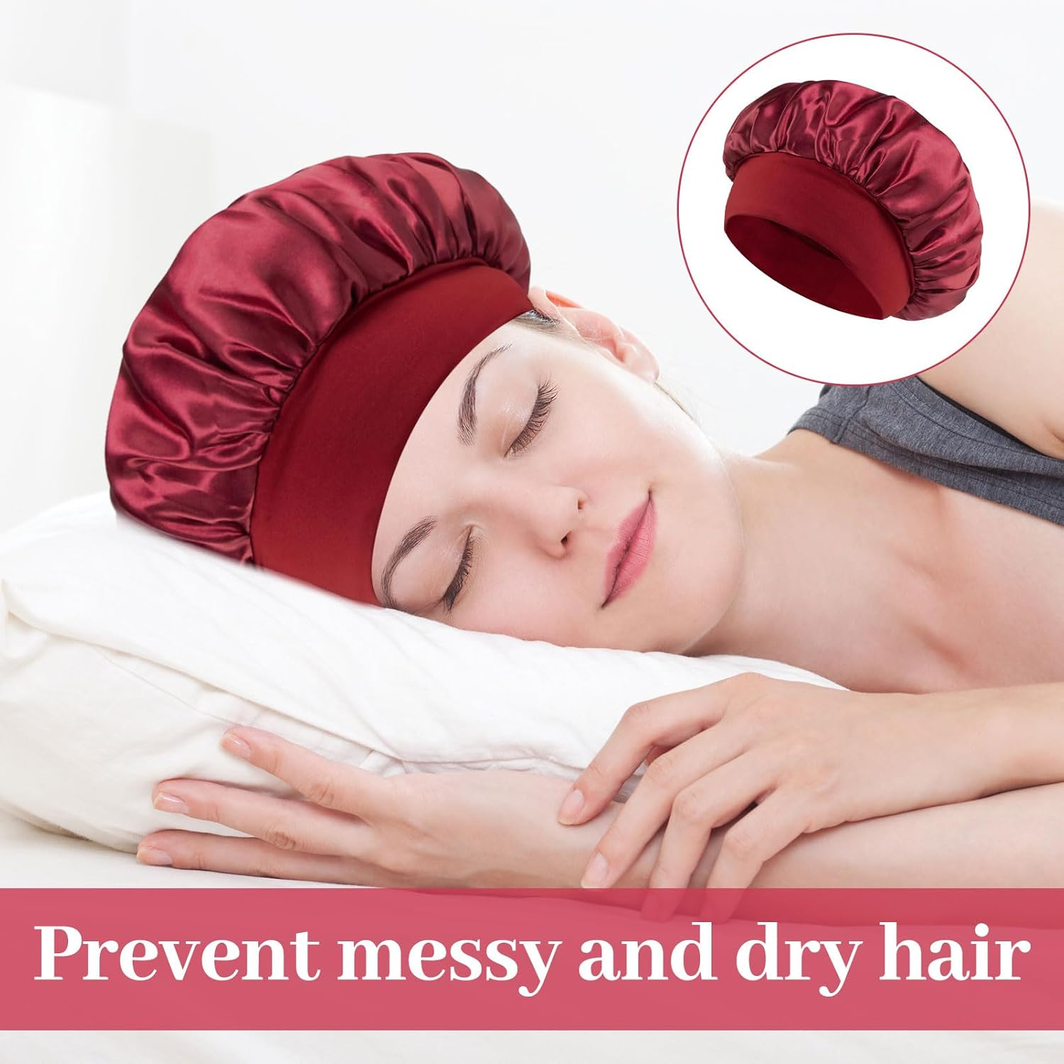 Silk Hair Bonnet, 3Pcs Bonnet, Satin Bonnet, Satin Hair Bonnet for Sleeping with Tie Band, Double Layer Satin Bonnets for Women Shower Cap, Suitable for Long, Straight, and Curly Hair image number 5