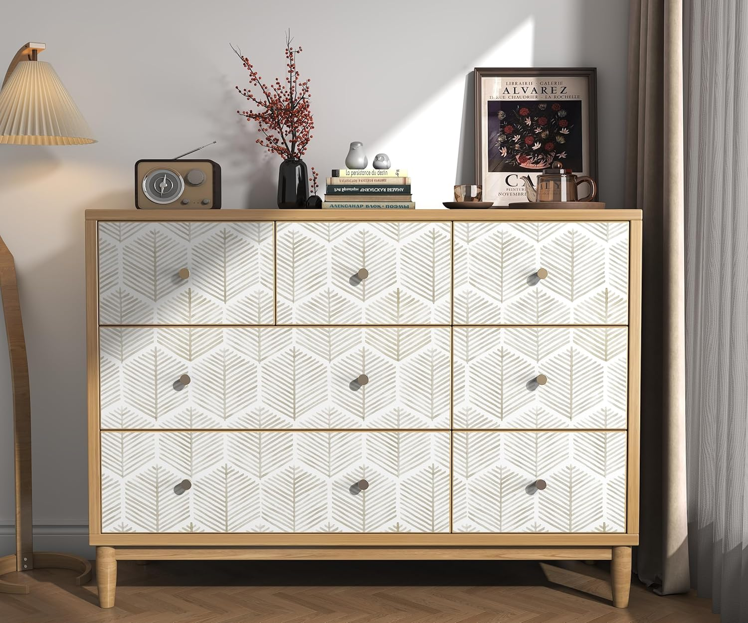 Modern Peel and Stick Wallpaper 17.3''&times;393'' Self Adhesive Boho Geometric Beige and White Removable Decorative Wallpaper for Bedroom Bathroom Cabinets Decor Vinyl image number 3