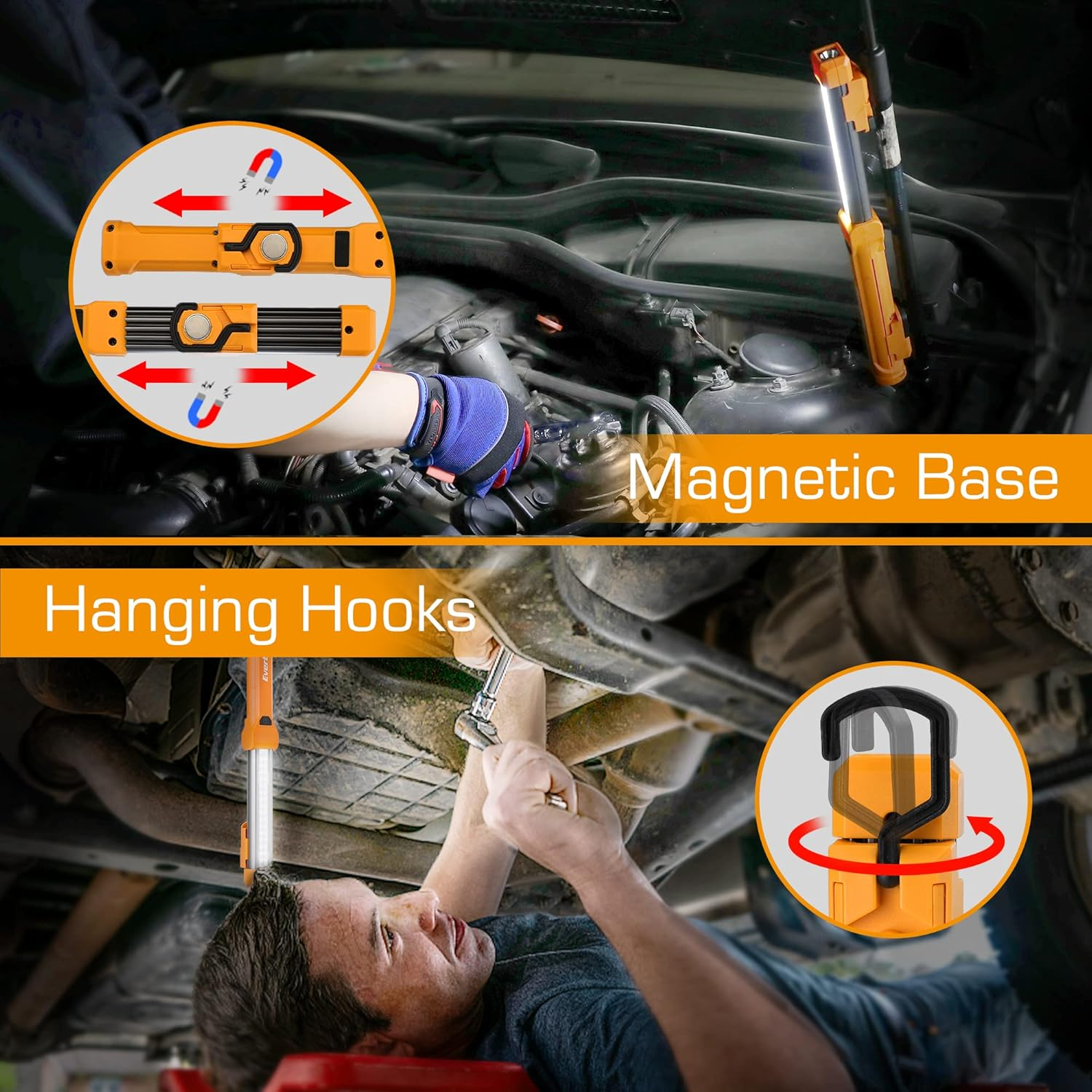 Everbrite 1000LM LED Work Light, Rechargeable Work Light for Mechanics with Dual Magnetic Bases&Hanging Hooks, 4 Lighting Modes, USB C Cable, for Car Repairing, Working, and Hurricane, Pack of 1 image number 2