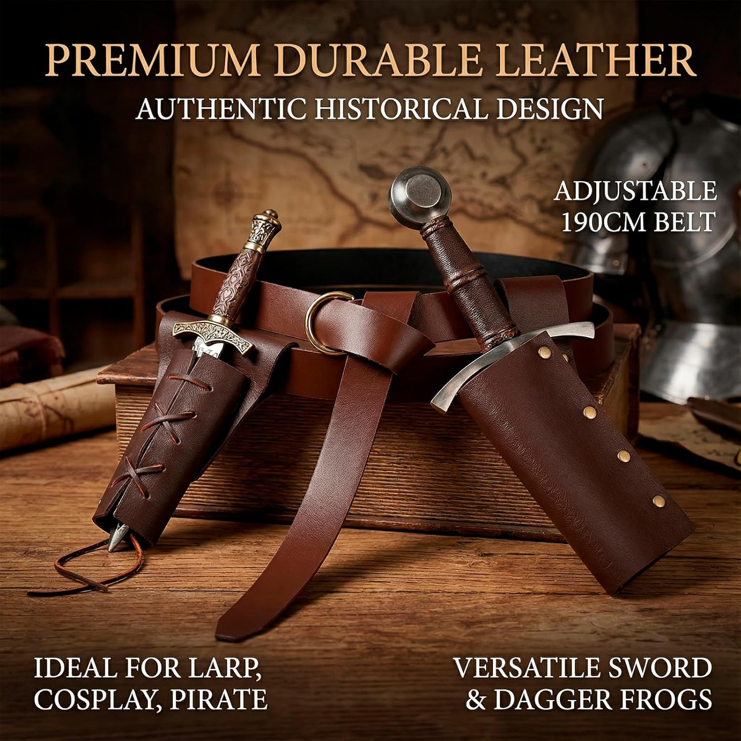 RIBNXHI 3 Piece Medieval Renaissance Knight Belt Set with Viking Sword Frog, Adjustable Leather Belt for Dagger and Sword, LARP Cosplay Costume Accessories for Men and Women image number 5