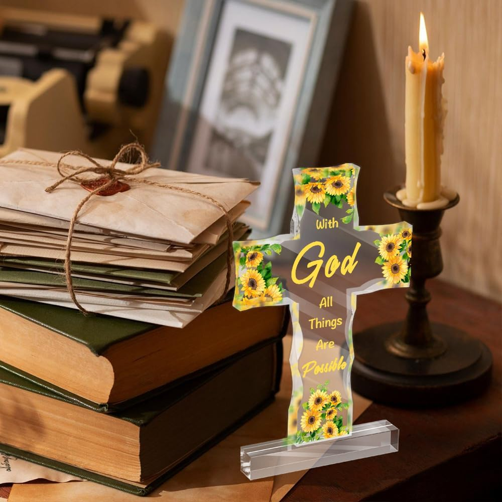 Christian Gifts for Women Acrylic Cross Decoration Sunflower Gifts for Women Christian Gifts for Men Inspirational Religious Gifts Baptism Gifts for Girls Religious Gifts with Bible Verse image number 3