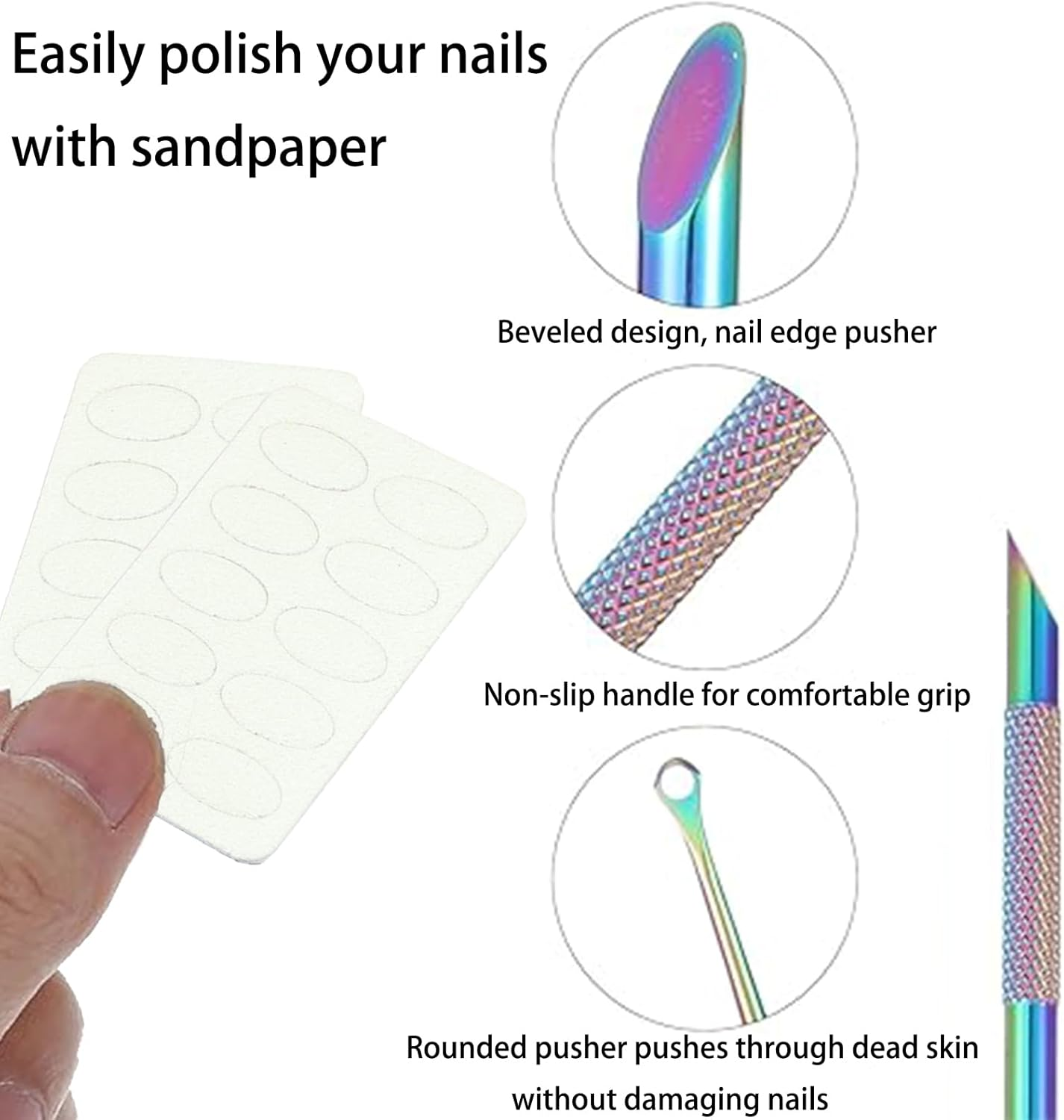 Mashano Cuticle Pusher, Stainless Steel Ring Cuticle Push Dead Skin Fork with 100#/240# and 1 Storage Pouch for Dead Fingernails and Toenails image number 2