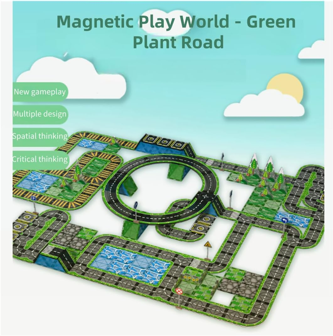 Magnetic Road Tiles Set with Railway and Forests, 76 PCS Magnetic Tiles Road, Magnet Building Blocks Kids Car Toys, Perfect Gifts for Ages 3+ image number 4