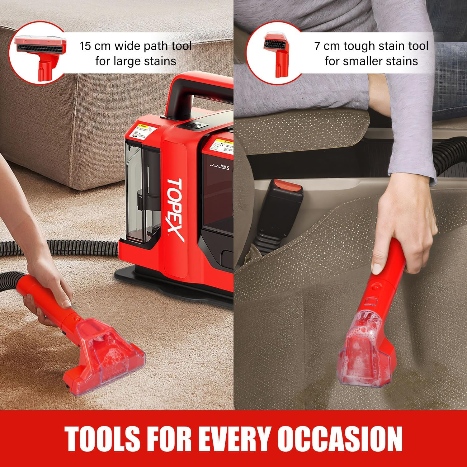 TOPEX 450W Carpet and Upholstery Spot Cleaner, Multi-Purpose Portable Carpet Cleaner, Professional Stain Remover Spot Washer for Carpets, Upholstery, Car Seats, Pets and Couch, Lightweight, Red
