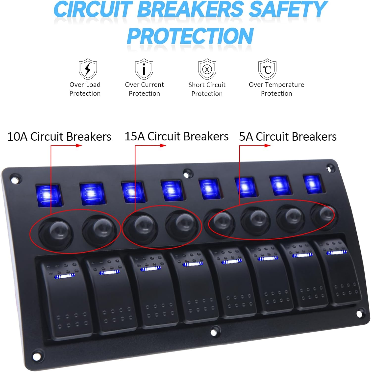 Waterproof Marine Boat Rocker Switch Panel 8Gang Blue Led Toggle Switch On-Off 3 Pin Circuit Breaker for RV Vehicle Truck Trailer Yacht ATV (8 Gang Blue) image number 2