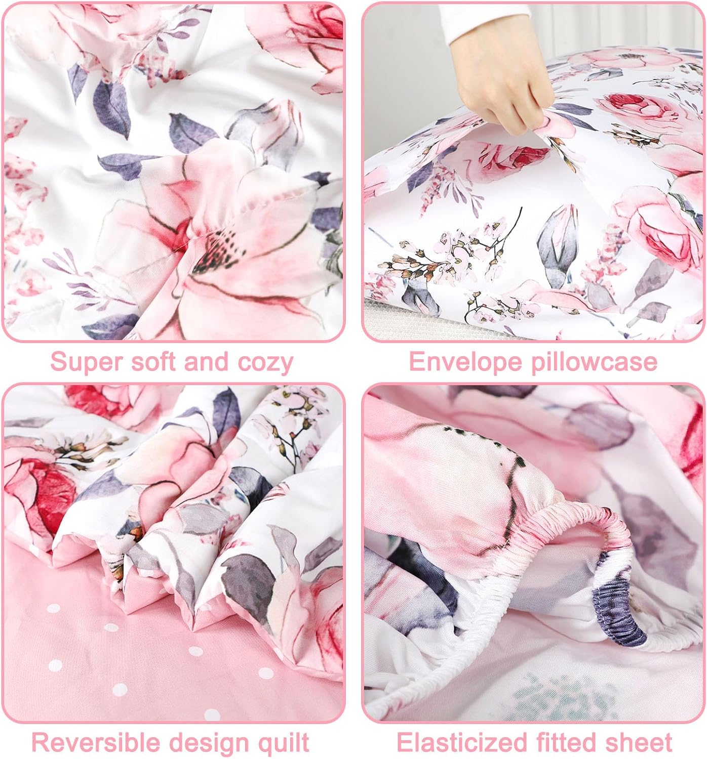 Toddler Bedding Sets for Girls, 4 Piece Soft Crib Bedding Set, Flower Toddler Girl Bed Comforter Set, Includes Pink Floral Series Comforter, Fitted Sheet, Flat Sheet and Pillowcase image number 6