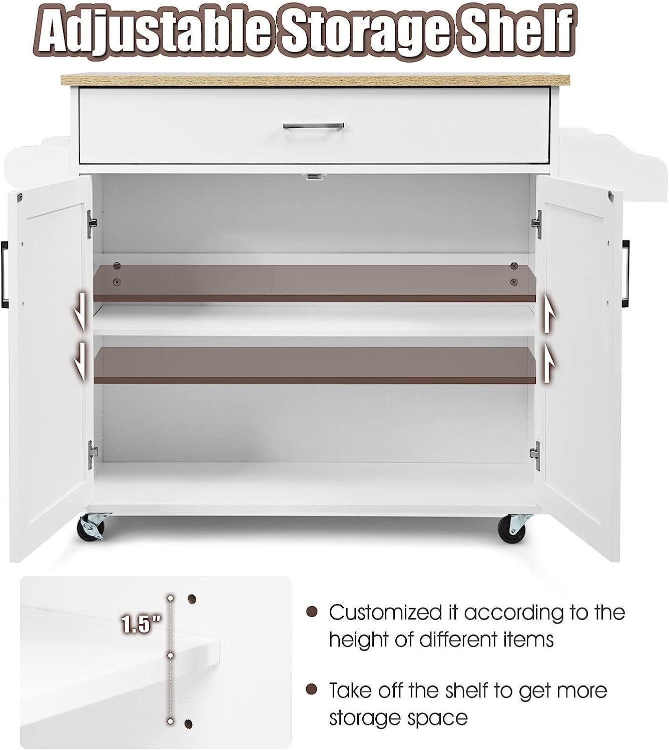 Giantex Wooden Rolling Kitchen Island, Storage Cart Trolley W/Adjustable Shelf, Spice Storage Sgelf, Towel Rack & Drawer, Utility Buffet Cabinet W/Beech Top for Kitchen Dinning Room Canteen, White - Grey image number 5