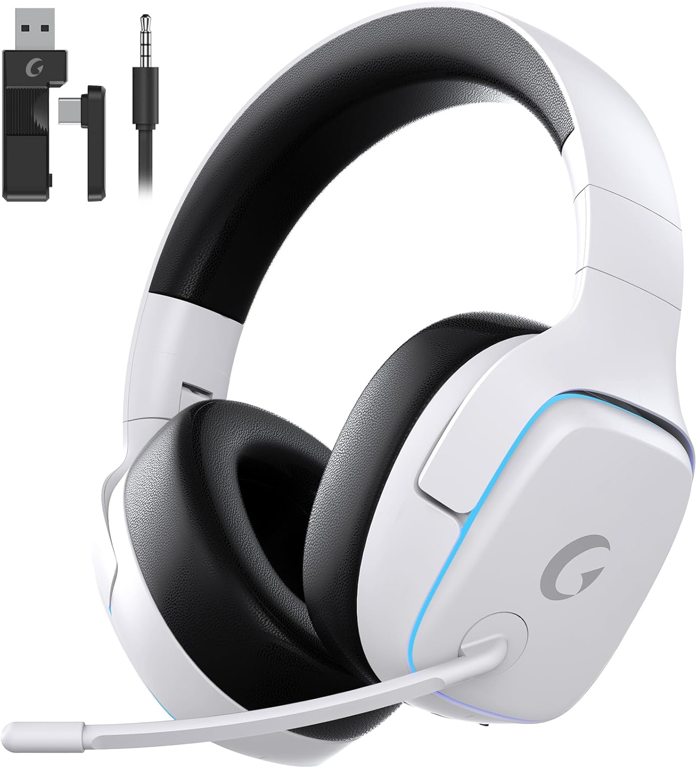 2.4Ghz Wireless Gaming Headsets for PS5, PS4, PC, Switch - Bluetooth 5.3 Gaming Headphones with Noise Canceling Mic, 7.1 Surround Sound, 70H Battery, Blue Lighting - Pearl White image number 6