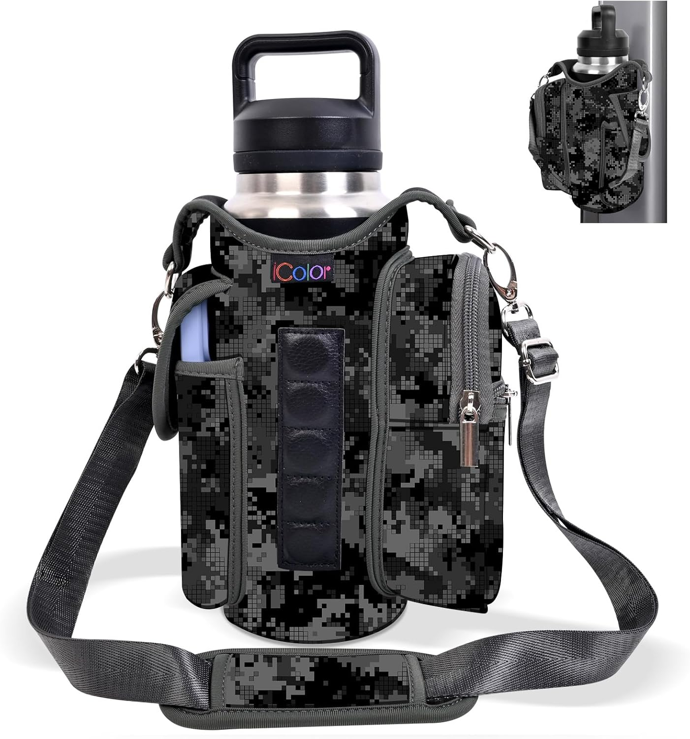 Icolor Magnetic Gym Bag Water Bottle Carrier Holder with Phone Pockets & Shoulder Strap,Gym Magnetic Bag 5 Built-In Magnets Gym Accessories Organizer Bottle Pouch Sleeve