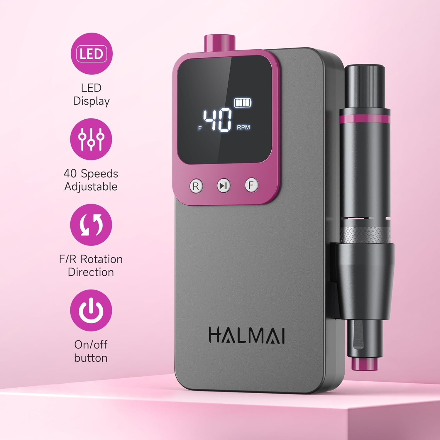 Electric Nail Drill Professional, Portable Nail File for Acrylic Gel Nails, Cordless Rechargeable Ultra Power Nail Drill Kit 40000RPM, HMC320 Salon-Grade Efile Nail Machine (Dark Grey) image number 3