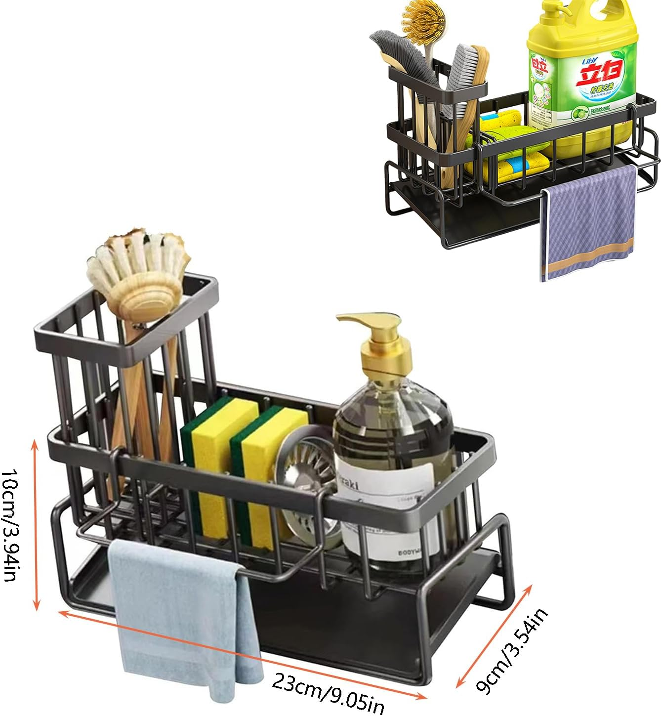 Kitchen Sink Caddy Organiser with Self Draining Tray, Sponge Holder for Kitchen Sink with Brush Holder, Dish Soap Dispenser Storage, Kitchen Sink Organise, Organiser for Counter (Black) - Gray image number 4