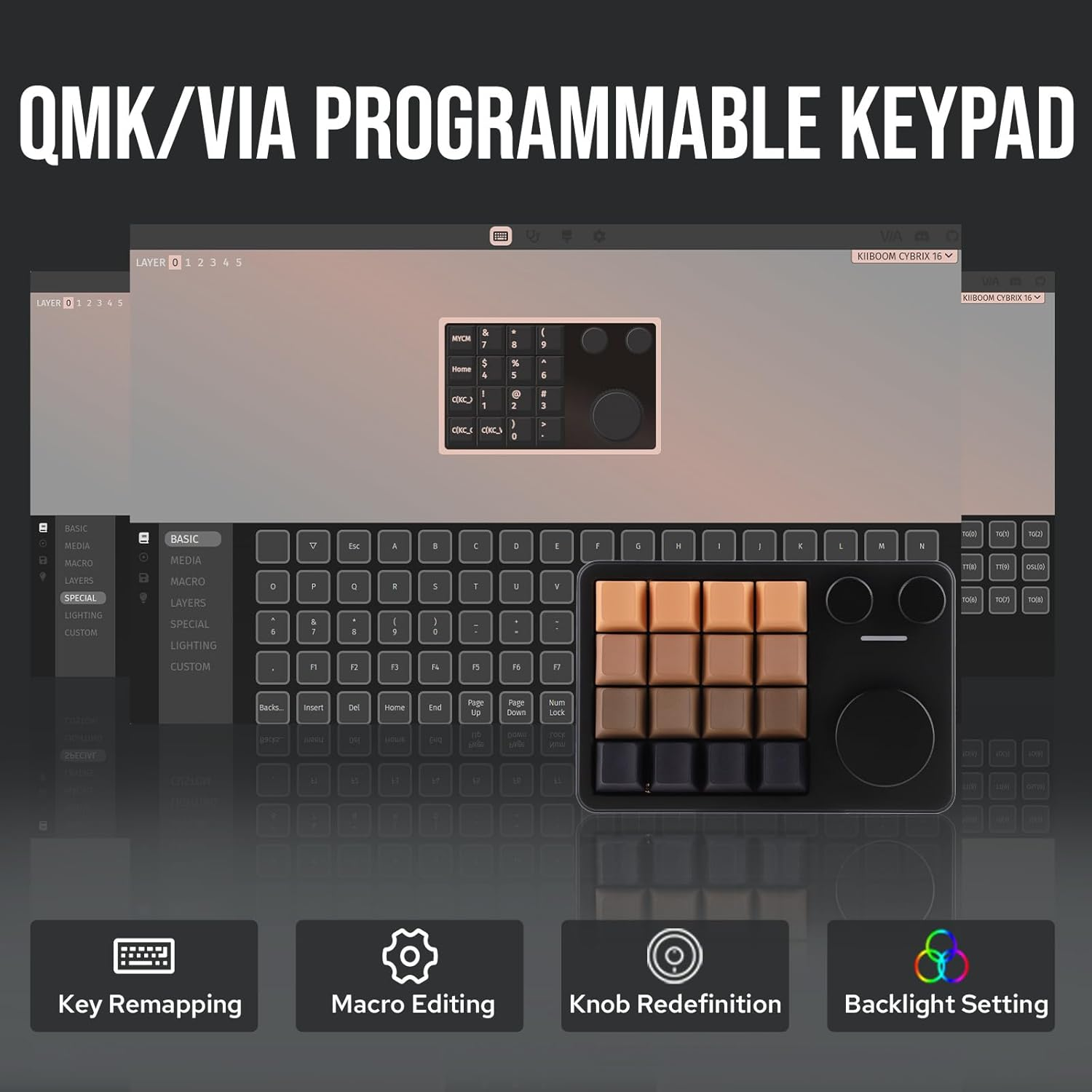 Kiiboom Cybrix 16 via Programmable Macro Pad - 16 Keys + 3 Knobs, Type-C Wired Aluminum Numpad, Hot-Swappable PCB, RGB Backlight, Lightweight & Portable Numeric Keypad for Windows & Mac (Black) image number 2