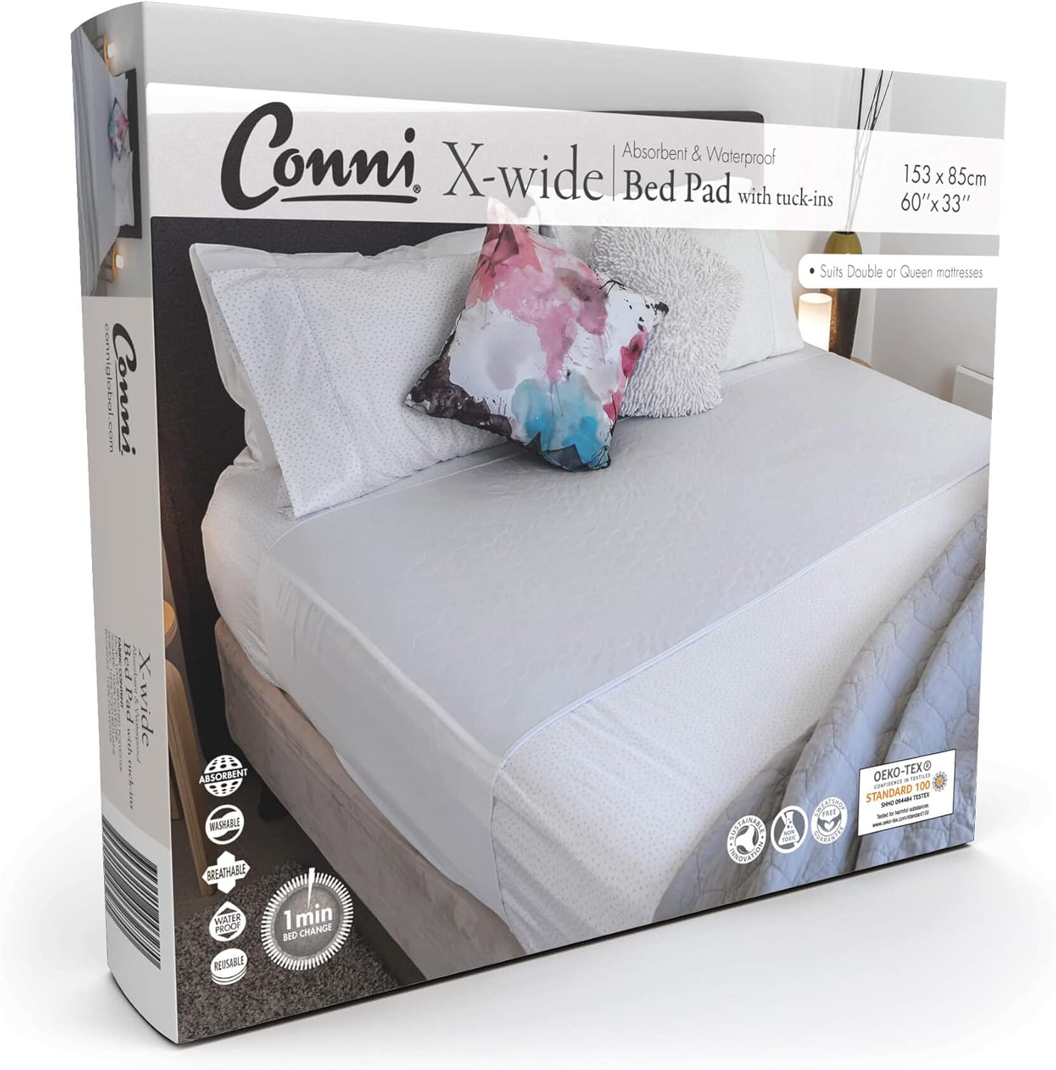 Conni X-Wide Reusable Bed Pad with Tuck-Ins, Absorbent, Waterproof and Washable Protector Pad for Incontinence, Bed Wetting and Perspiration, White, 153 X 85 Cm - Charcoal image number 3