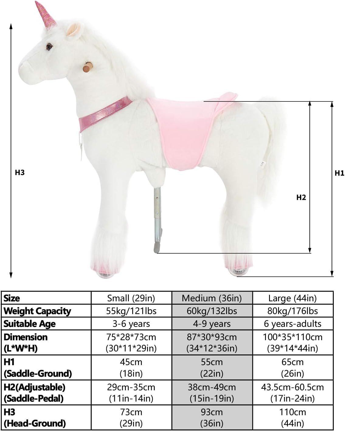 UFREE Horse Action Pony, Ride on Toy, Mechanical Moving Horse, Giddyup for Children 4 to 9 Years Old, Height 36 Inch (Unicorn with Pink Horn)