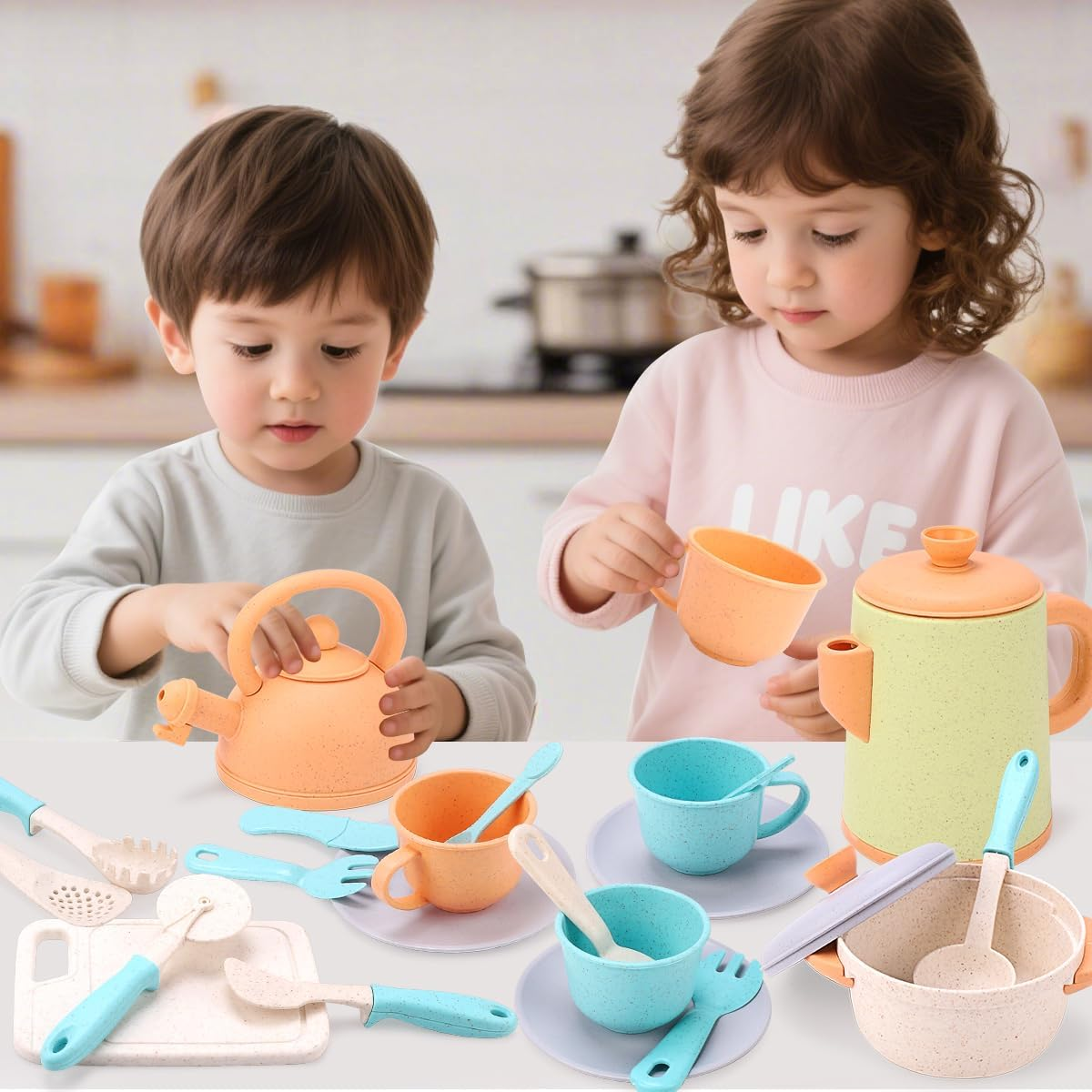 JQLM Kids Kitchen Playset, Play Kitchen Accessories Pretend Play Role Toys with Cookware Pots and Pans, Cooking Utensils, Tea Set for Toddler, 3 4 5 6 Year Old Boy Girl Gifts image number 6