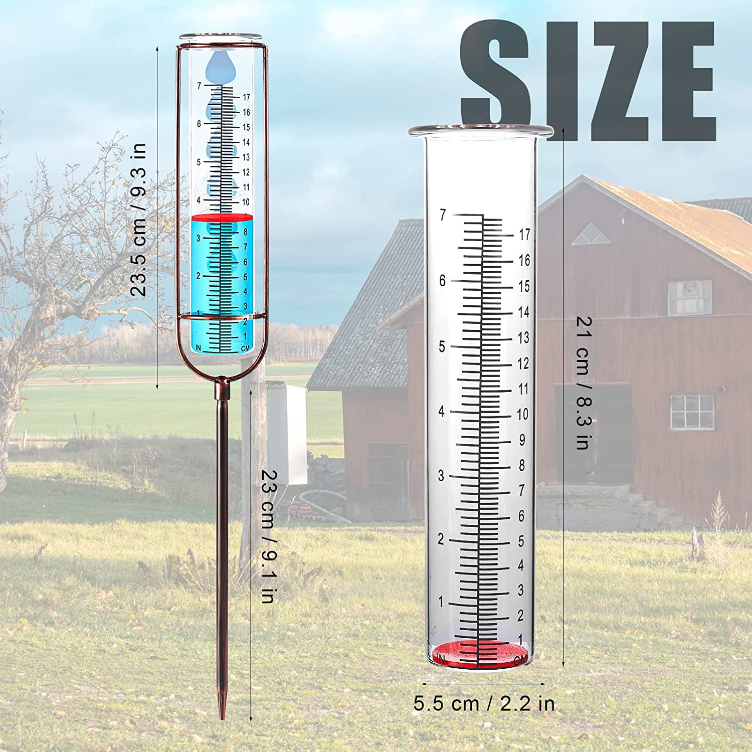 Rain Gauge Outdoor, 7 Inch Large Capacity Glass Rain Gauge Outdoor with Stake and Gasket, Easy to Read Removable Rain Gauges for Yard, Lawn, Garden, Fence (Bronze)