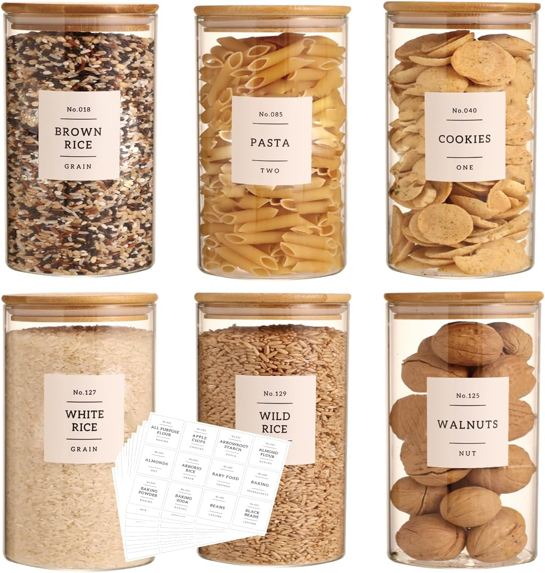CZZGSM 6 Pack Glass Jar with Airtight Bamboo Lid and White 132 Kichen Pantry Labels Preprinted - 28 Oz Clear round Glass Food Storage Containers Set for Tea Coffee Bean Cookie