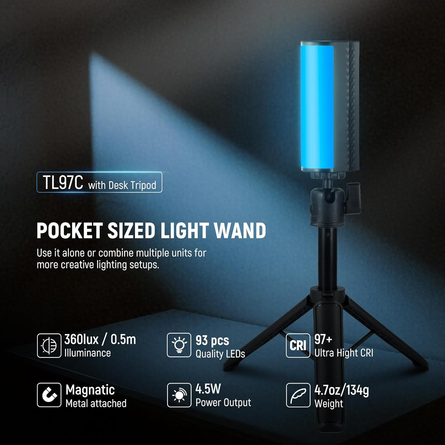 NEEWER Magnetic Handheld Light Wand with Desk Tripod, 17 Scenes, APP Control 360&deg; Full RGB Mini LED Video Lighting Stick, 2500K-8500K Dimmable CRI97 for Photography Vlog Tiktok, 2550Mah Battery, TL97C image number 3