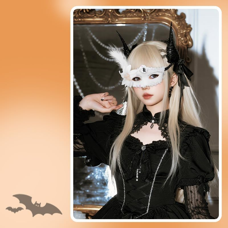 White Masquerade Eye Mask for Women Girls Cosplay Party Decoration Rhinestone Lace Feather Masks for Halloween Costumes Masquerade Accessories image number 1