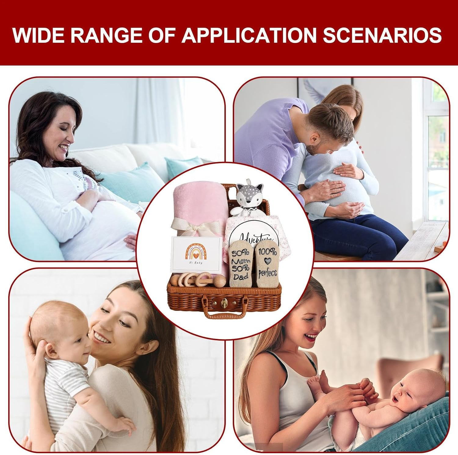 Baby Gift Basket - Shower Gift Basket | Sets with Baby Blanket Rattle | Includes Blanket, Socks, Doll, Rattle, Triangular Towel & Greeting Card &ndash; Perfect Babies Shower Set for New Parents