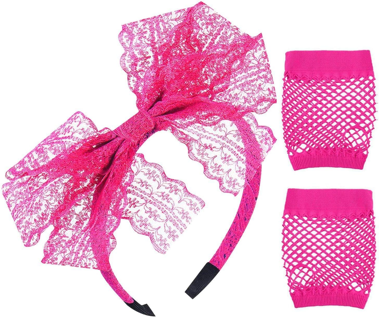 1 Piece Lace Bow Headband with 1 Pair of Mesh Gloves, Neon Hair Accessories for Girls, 80S Headband, Cute Bow Headband, Suitable for Parties, Celebrations, Stage Performances image number 1