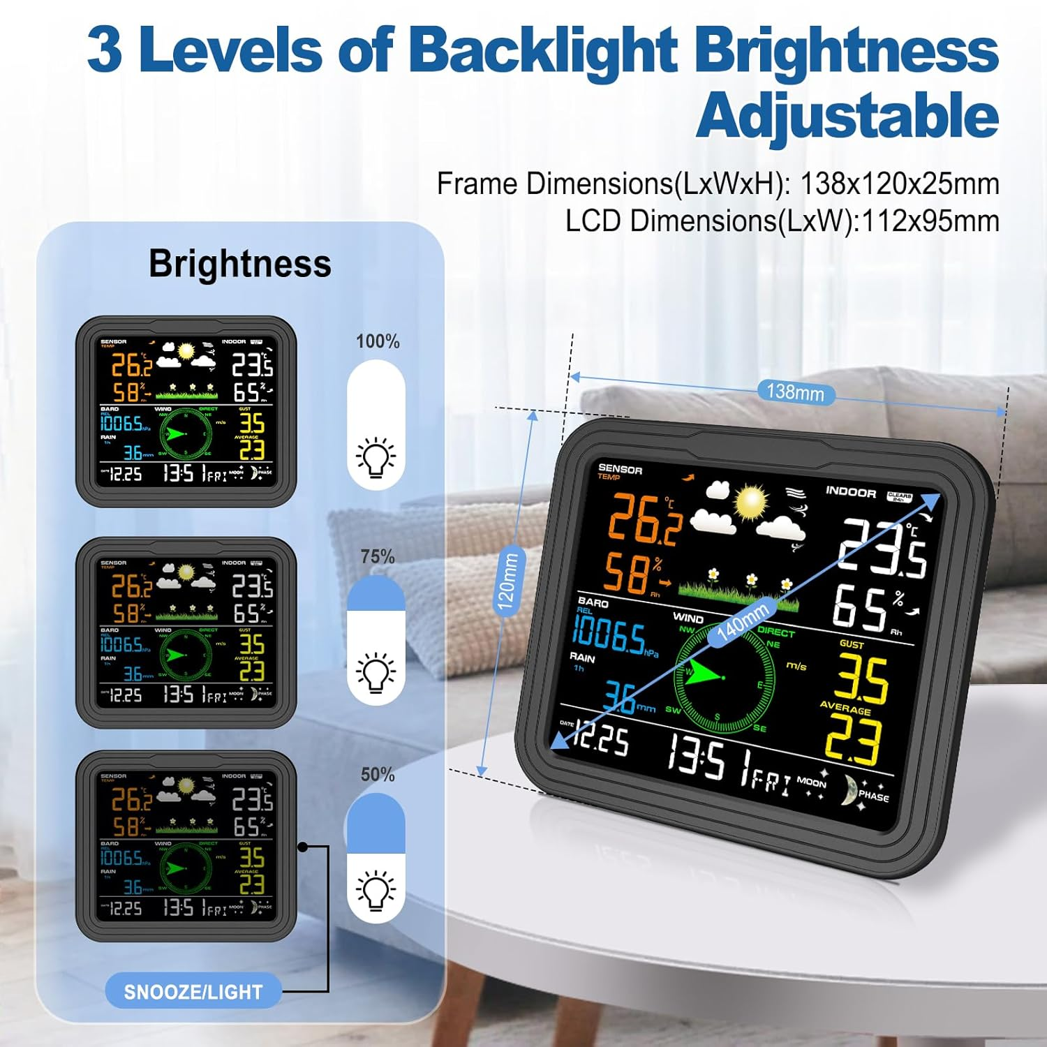 Urageuxy Weather Station Wireless Indoor Outdoor, Home Weather Stations with Rain Gauge, Wind Speed/Direction, Temperature, Humidity, Moon Phase, Weather Forecast, Barometer Pressure and Alarm Clock image number 4