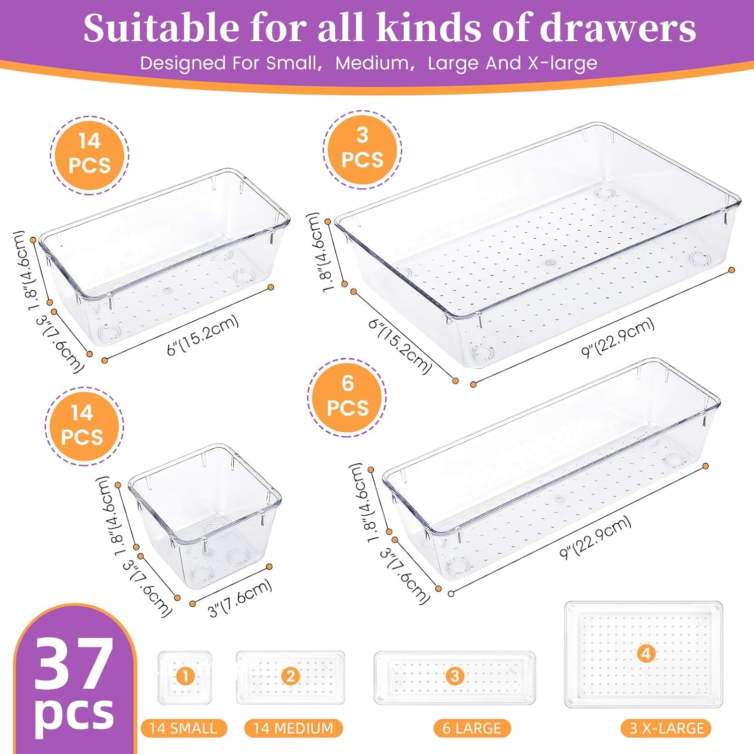 37-Piece Clear Plastic Storage Organizer Set &ndash; 4-Size Stackable Clear Drawer Dividers for Makeup, Jewelry, Office & Kitchen | Space-Saving Design | Perfect for Drawers, Desks & Countertops