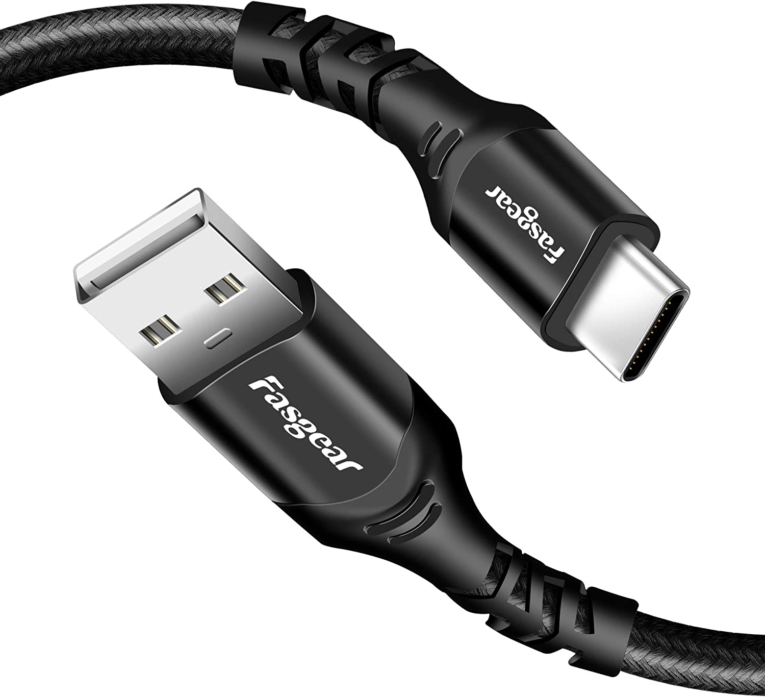 USB C Cable 1.8M, Fasgear 3A Fast Charging Nylon Braided USB 2.0 to Type C Cord High Speed Data Transfer Compatible with Galaxy S21 S20 Ultra S10 Note 9 S8, Moto G6 G7, Xperia L1 XA2, Huawei P20 Lite, Xiaomi MI 10 Pro (Black)