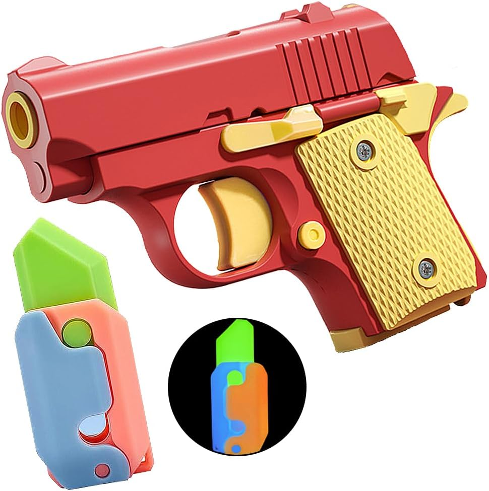 Dreamplay Fidget Toy Gun Set, 2Pcs 3D Plastic Mini 1911 Fidget Gun Knife Toy Adults Slider, Gravity Gun Toy Nice Gifts for Kids Adults Suitable for Relieving ADHD, Anxiety (Red Luminous) image number 1