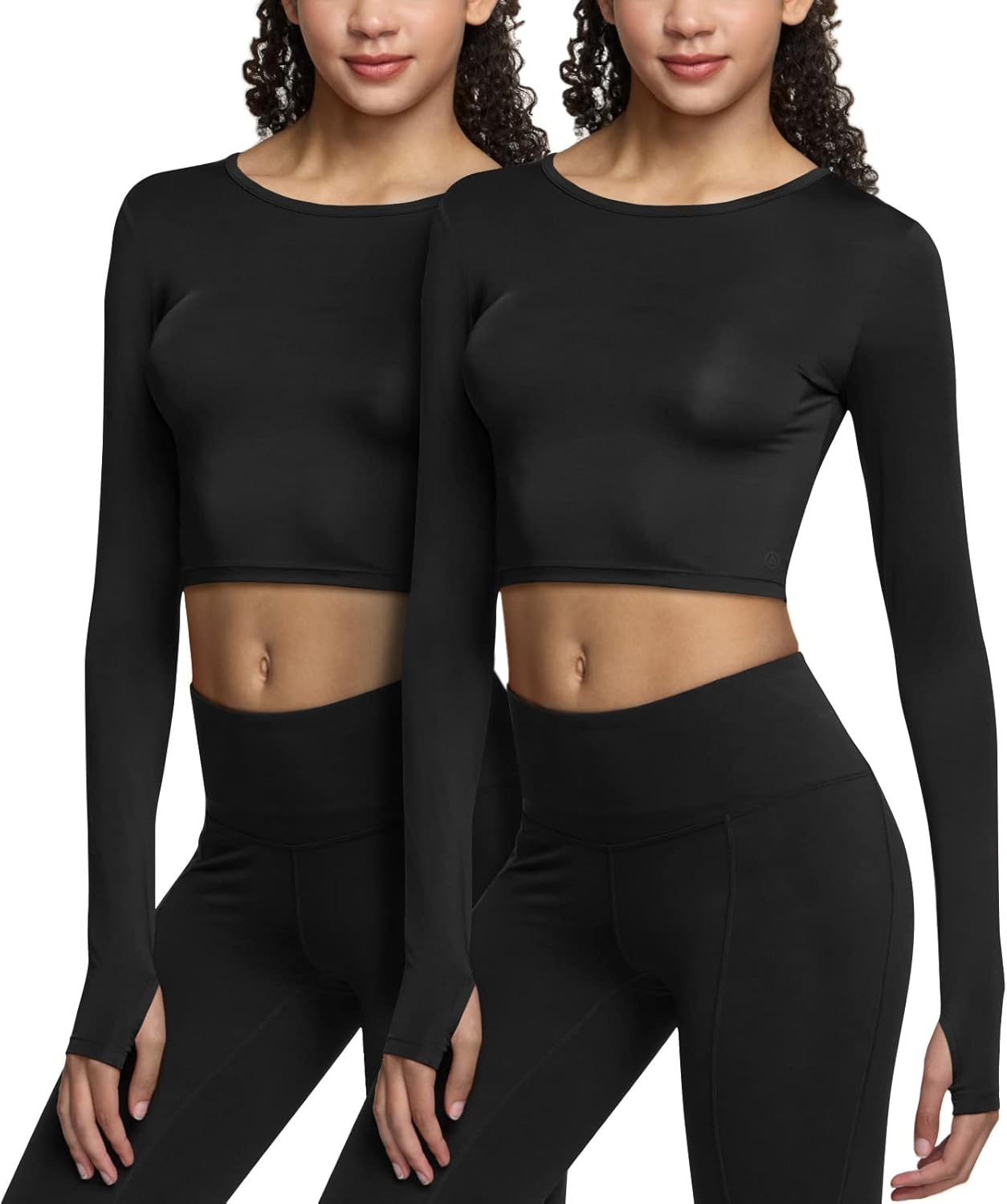 ATHLIO Women'S Sports Compression Shirt, Cool Dry Fit Long Sleeve Workout Tops, Crop 2Pack Bfd20-Blk_Large image number 6