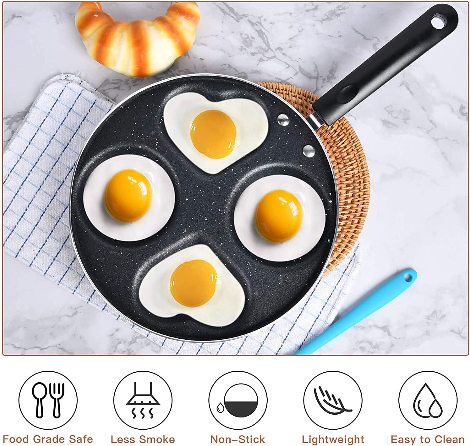 SEHORTREE Heart-Shaped 4-Cup Egg Frying Pan, Non-Stick, 9.4" (Heart-Shaped), 4 Eggs at Once, Gas & Induction Compatible - Heart-Shaped image number 4