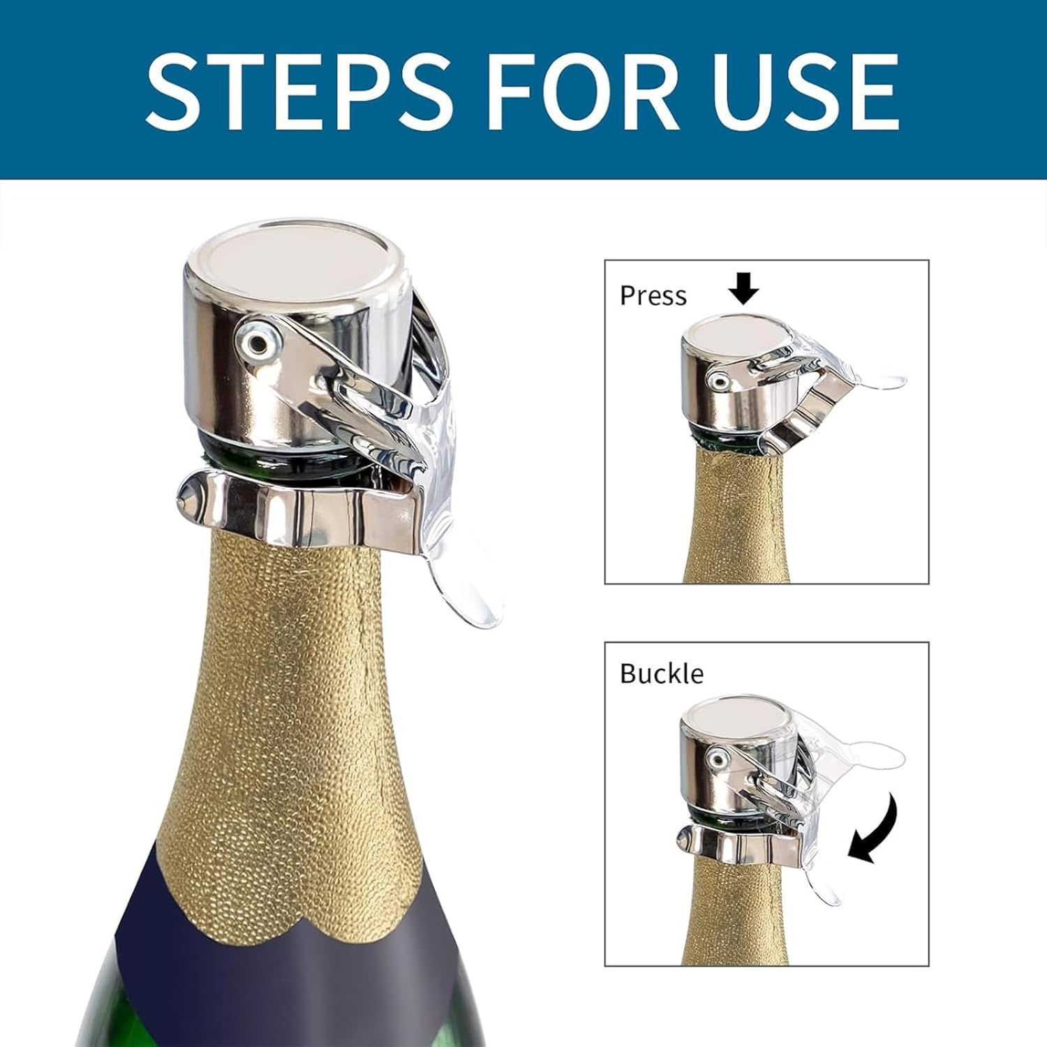 Champagne Stoppers Professional Champagne Bottle Stopper for Prosecco Cava and Sparkling Wine, Champagne Stainless Steel Vacuum Seal Compact Champagne Sealer Stoppe image number 4