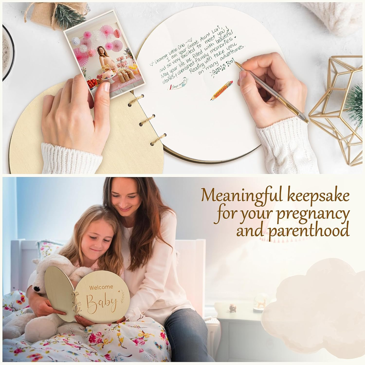 Stofinity Wooden Baby Shower Guest Book Alternatives for Girl - Welcome Baby Shower Sign in Guest Book for Boy, Blank Baby Shower Book Guest, Baby Shower Games Guestbook Keepsake Memory Book image number 2