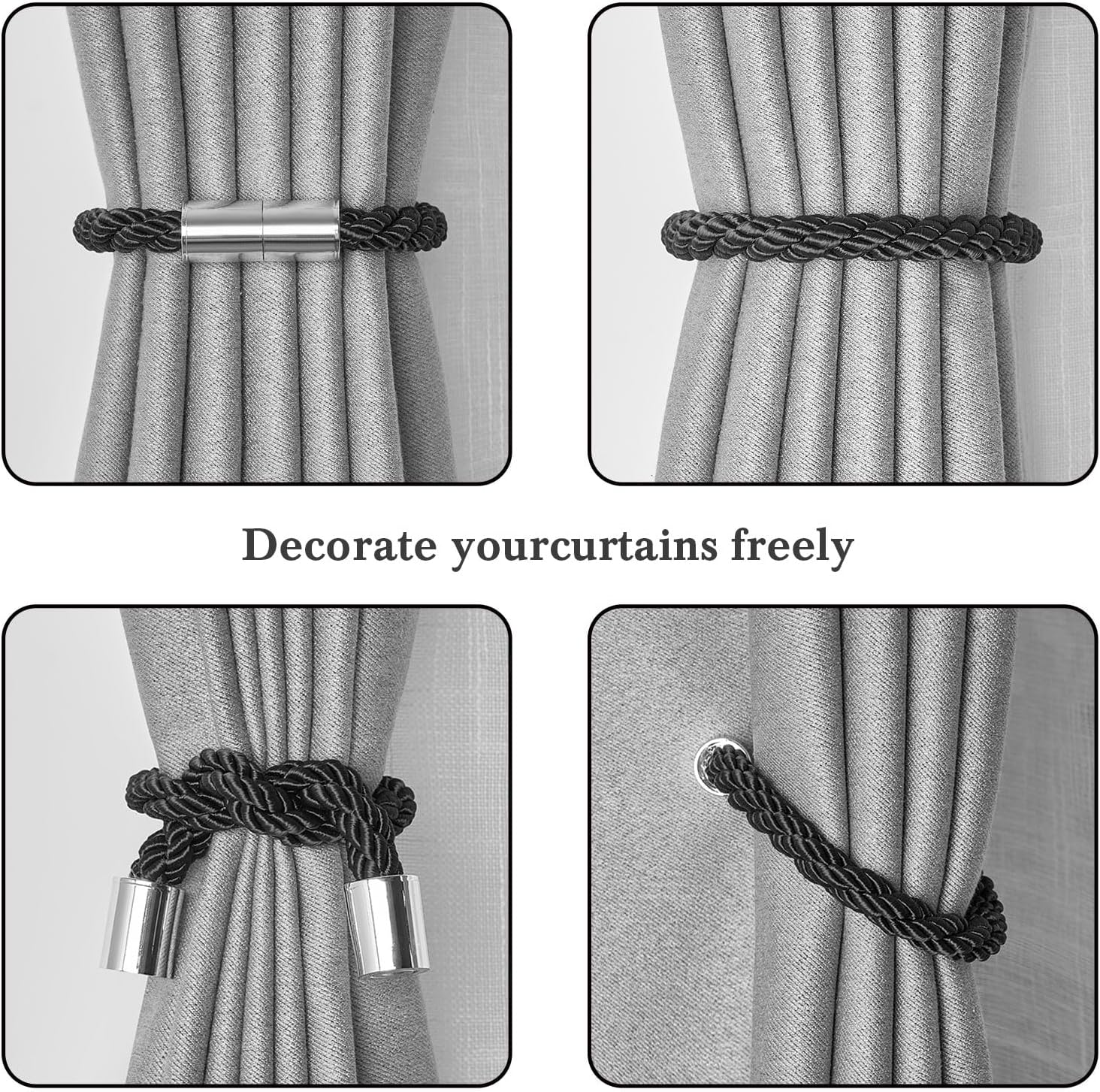 Pretty Jolly 2 Pack Mini Magnetic Curtain Tiebacks Modern Simple Style Drape Tie Backs Elegant Decorative Weave Rope Curtain Holdbacks for Home & Office Thin Window Draperies (Black) image number 3