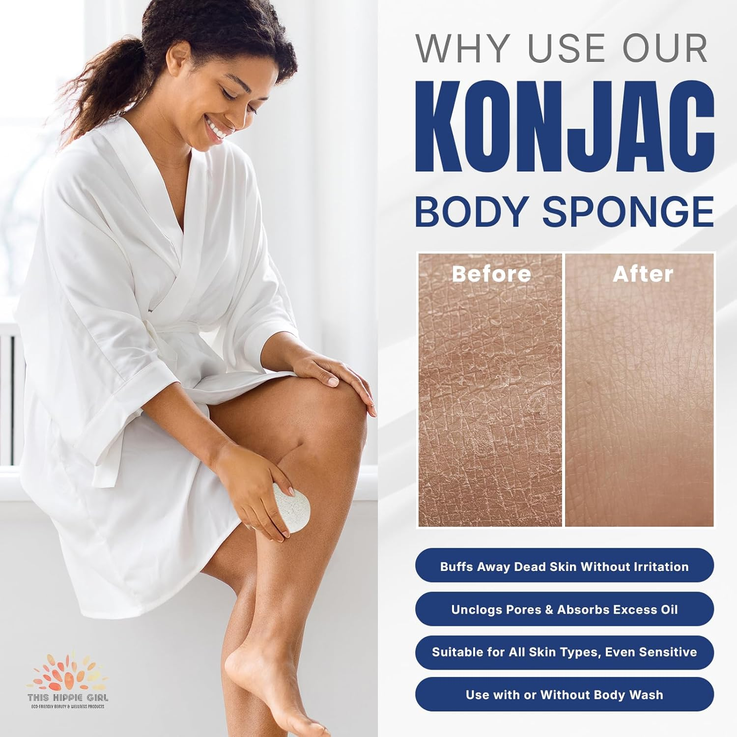 Roote Ritual Konjac Body Sponge &ndash; 100% Natural Exfoliating Shower Sponge for Sensitive Skin &ndash; Gently Deep Cleanses & Softens, Earth-Friendly, Biodegradable, Vegan &ndash; for Women, Men (Natural White) - Natural White image number 5