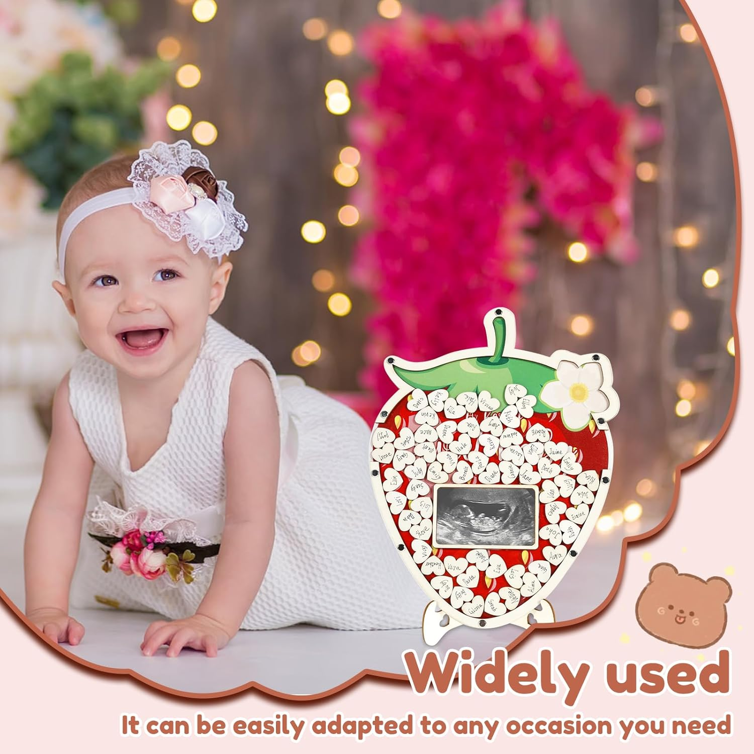 Strawberry Baby Shower Guest Book Decoration with Photo Frame and 60 Wood Slices Wood Guest Book Alternative a Berry Sweet Baby Is on the Way Decor for Birthday image number 5