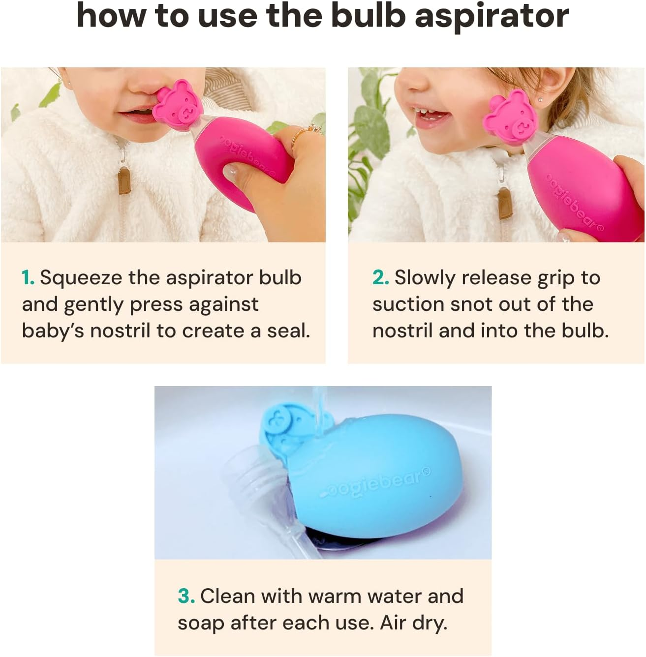 Oogiebear Bear Pair &mdash; the Safe Baby Booger Cleaner and Nose Sucker Duo | Bulb Aspirator and 2-In-1 Nose and Ear Wax Cleaner | Latex and BPA Free - Raspberry image number 2