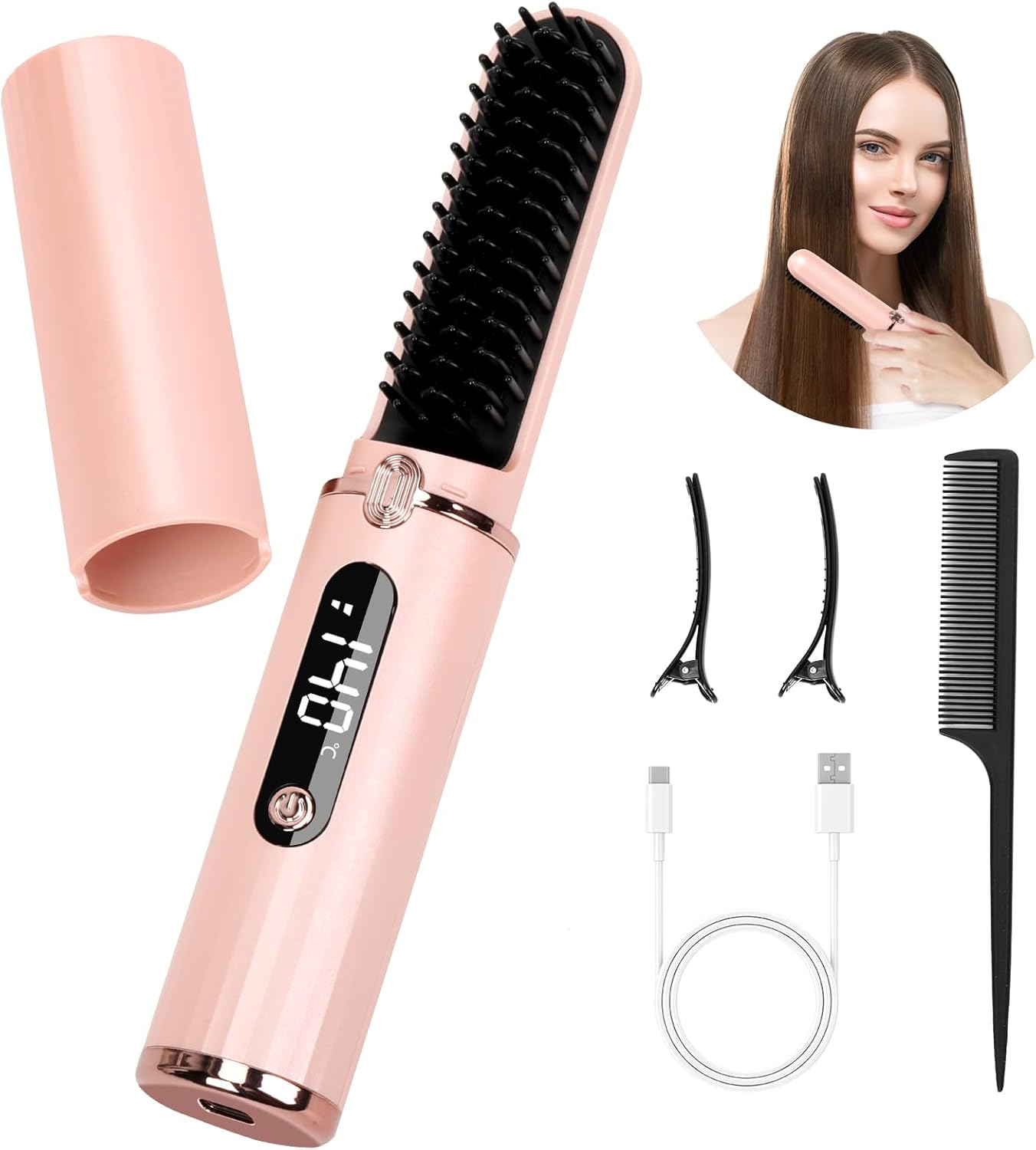 Cordless Hair Straightener Brush, Portable Hot Comb Hair Straightener Negative Ion Hair Straighteners Comb for Women 5 Temperature Beard Straightener Brush USB Rechargeable Anti-Scald Auto-Off
