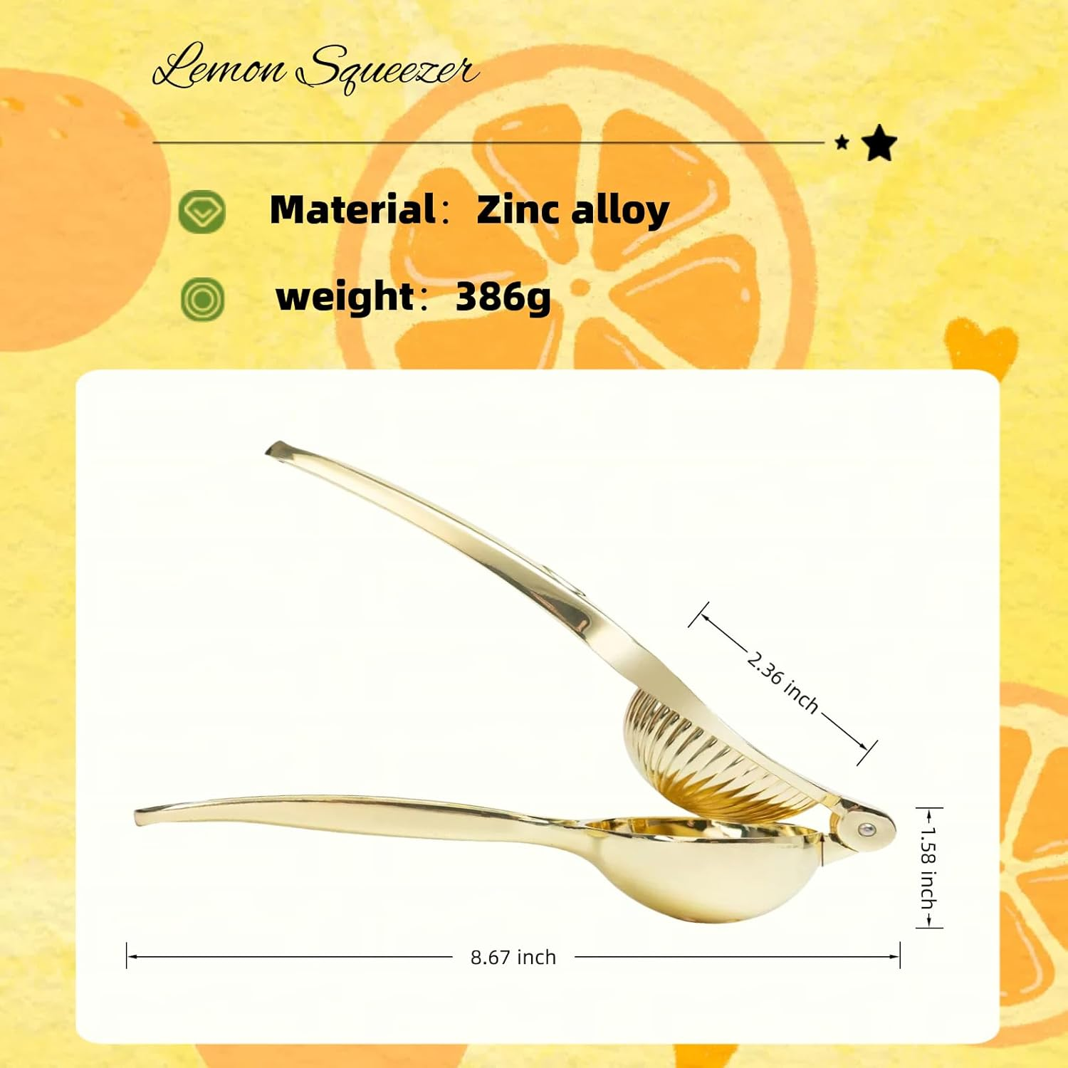Lemon Squeezer, Heavy Duty Zinc Manual Lemon Juicer, High Yield Threaded Groove Small Oranges Limes Citrus Juicer Hand Press, Juice Maker for Cocktails Home Restaurant Kitchen Utensils(Gold)