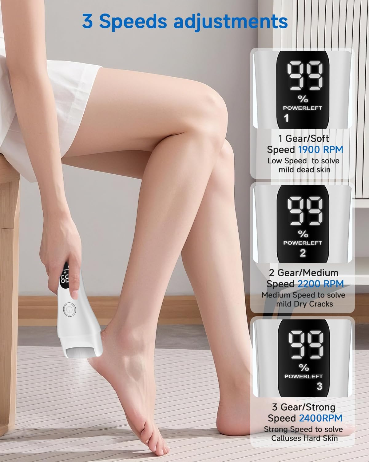 Electric Callus Remover - Callus Removal Foot Electric - Electric Callus Remover with 3 Gears, 6 Replacement Rollers, Waterproof Foot File for Cracked Heels, Callus Removal (White-6) - White image number 3