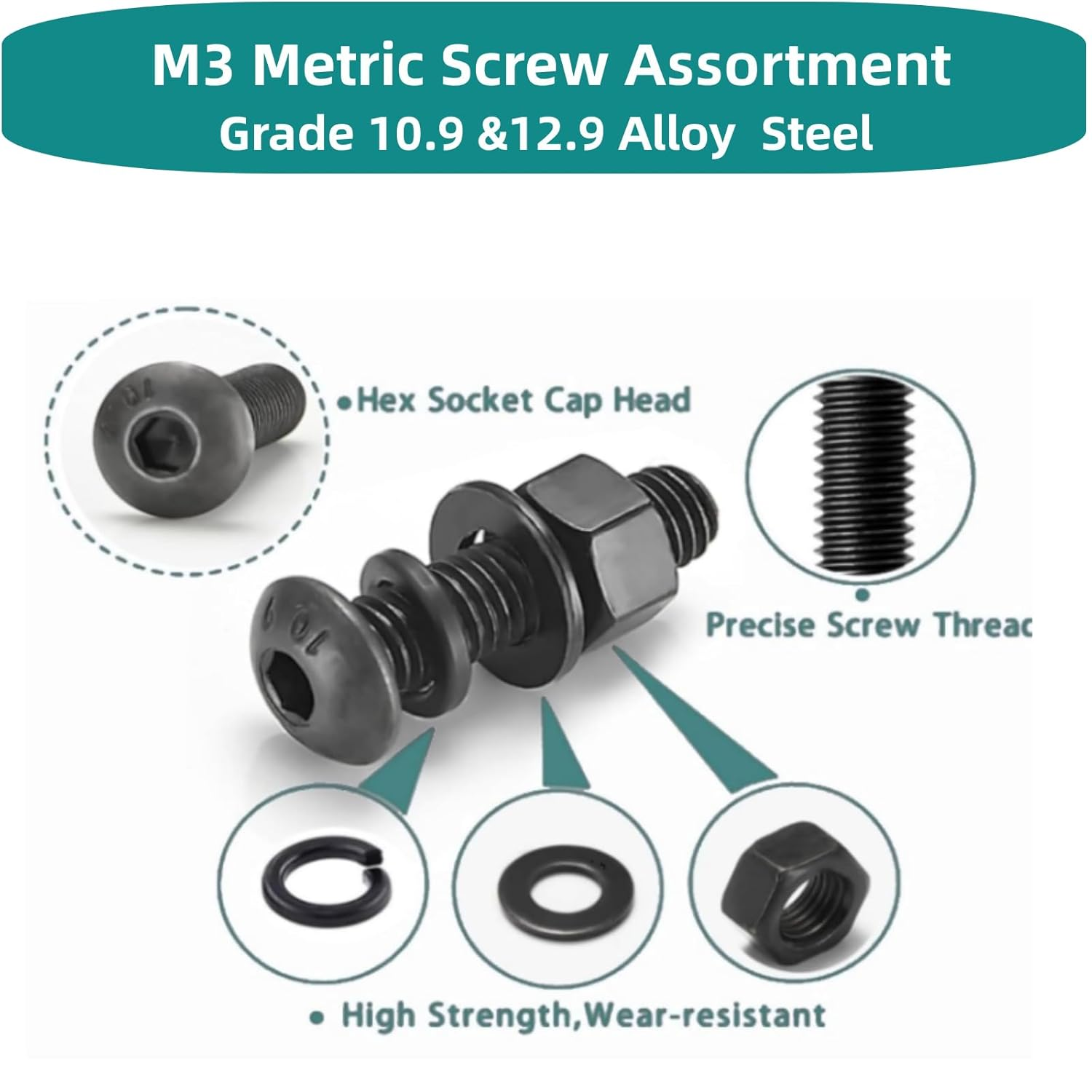 2240PCS Metric Screw Assortment, M3 Machine Screws with Lock & Flat Washers, Grade 10.9 &12.9 Alloy Steel Hex Socket Button Head Black Screws Nuts and Bolts Kit (2240Pcs M3) image number 1