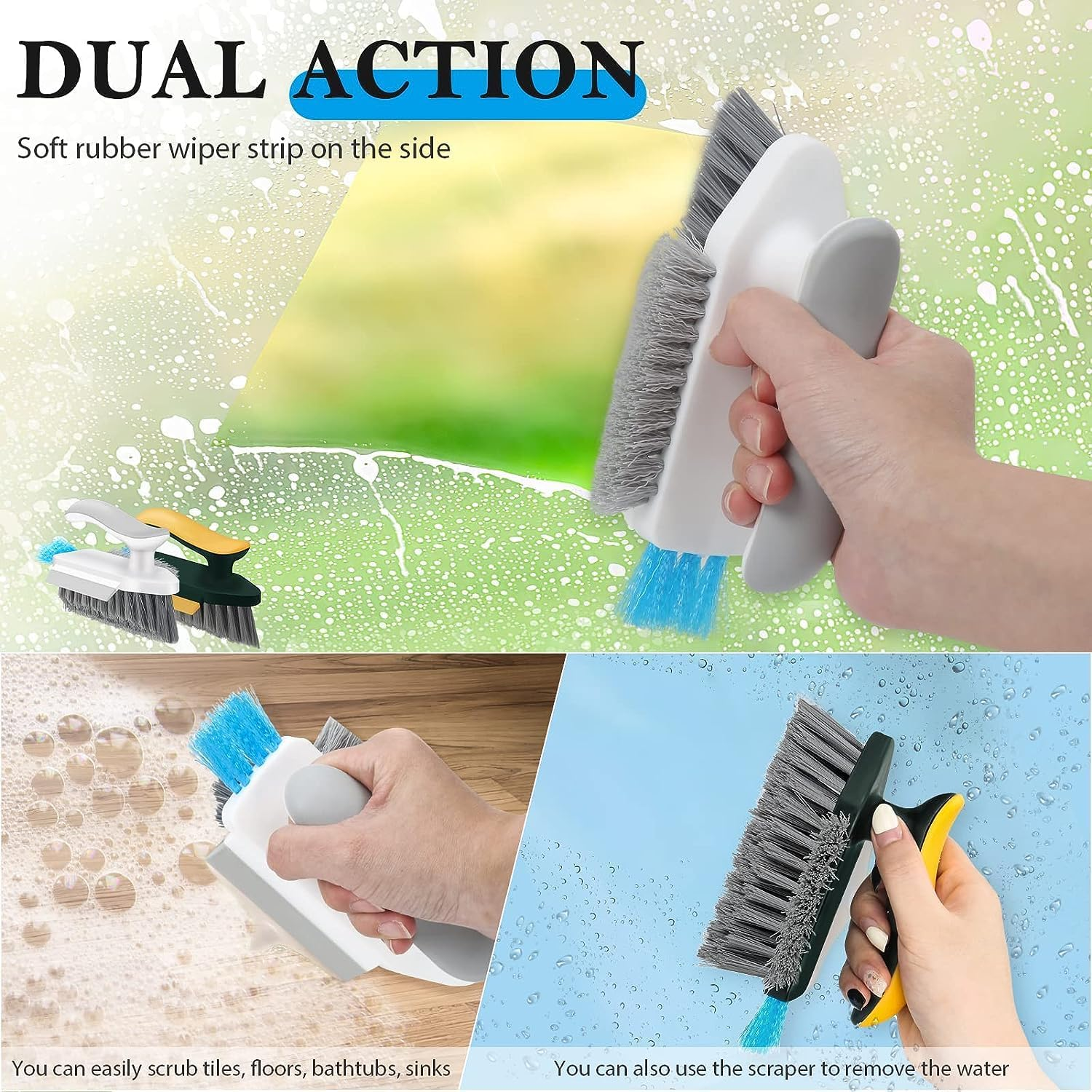 Cleaning Brushes, 4-In-1 Floor Scrub Brush with Squeegee V-Shape Gap Scrub Brush Tile Grout Cleaner Brush Corner Crevice Scrubber Baseboards Brush Tool Groove Brush Multi-Purpose Scrubbing Tools image number 4