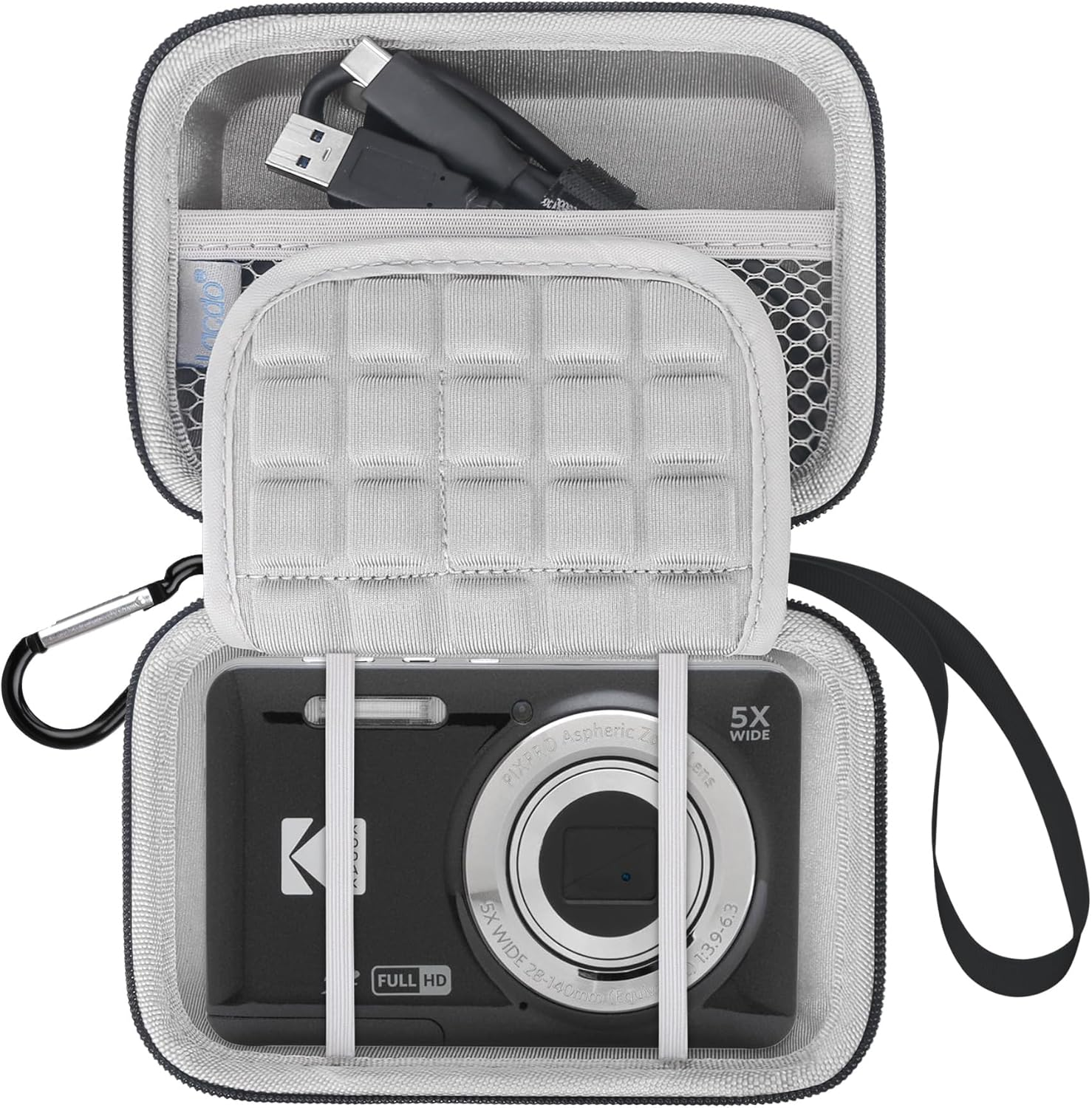 Lacdo Digital Camera Carrying Case for Kodak PIXPRO FZ55 / FZ45 / FZ53 / FZ43 16MP Vlogging Camera Storage Trave Bag, Mesh Bag Fits Batteries, Cable, Memory Card, Card Reader, Black+Gray