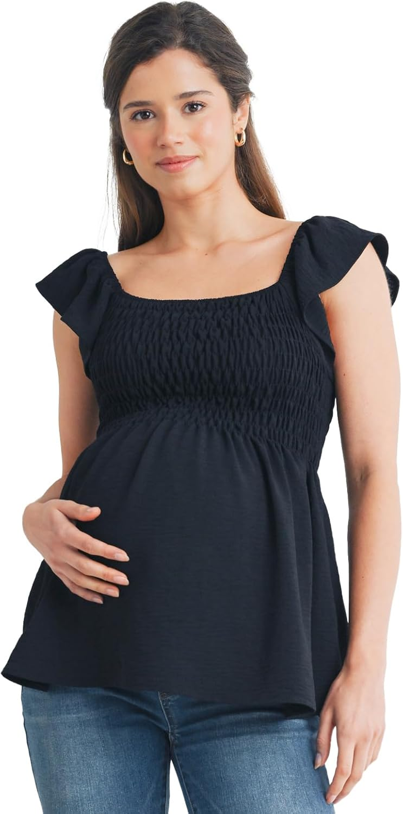 Women'S Square Neck Smocked Blouse Ruffle Cap Sleeve Maternity Top
