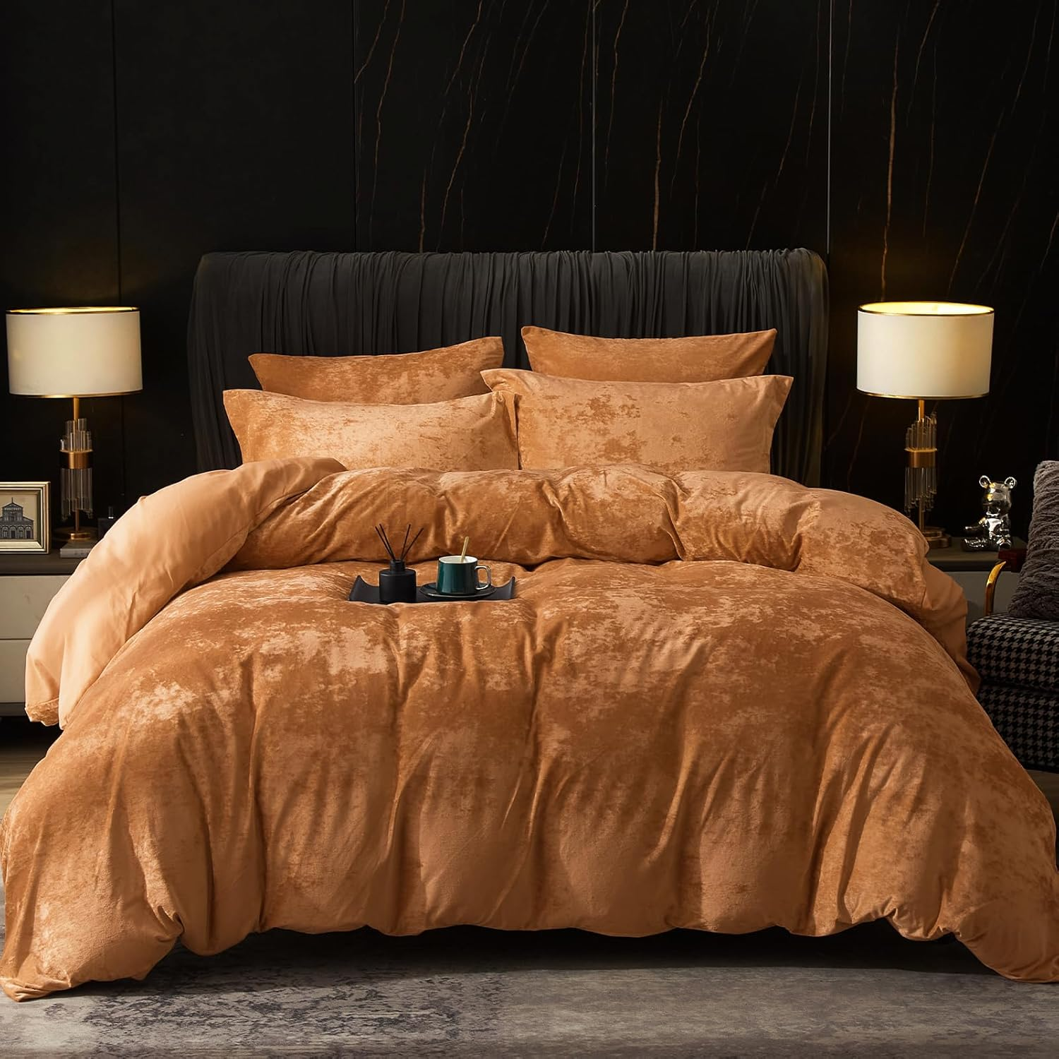 PHF Truly Velvet Duvet Cover Set King Size, 3Pcs Leaves Print Ultra Soft Breathable Comforter Cover Set, Luxury Cozy Flannel Duvet Cover with Pillow Shams Bedding Collection, 104" X 90",Green and Gold