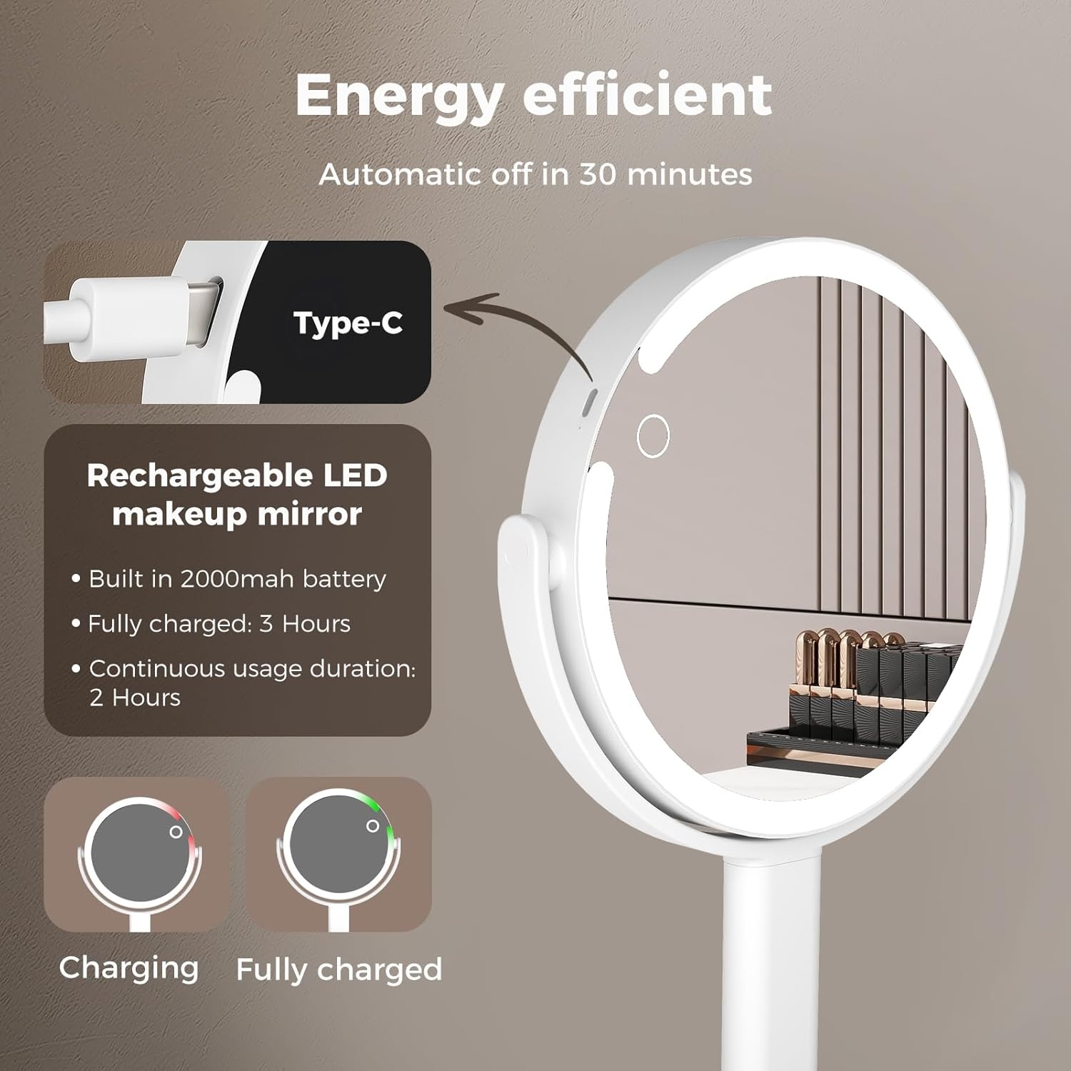 Yezi Makeup Mirror Rechargeable with LED 10X Magnification3 Color Lighting Modes, 80 Leds, 2000Mah Battery, Smart Touch Stepless Dimming, 360&deg; Rotation,Storage Base, Type-C,White Mirror, 37X22.4Cm image number 3