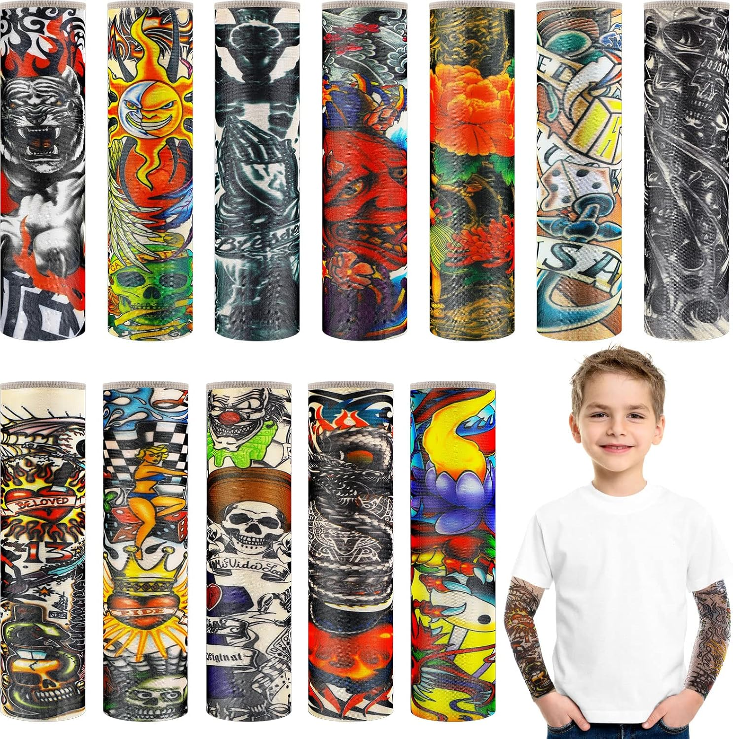Hicarer 12 Pieces Tattoo Arm Sleeves for Kids Temporary Kids Tattoo Sleeve UV Sun Protection Kids Arm Sleeves image number 2