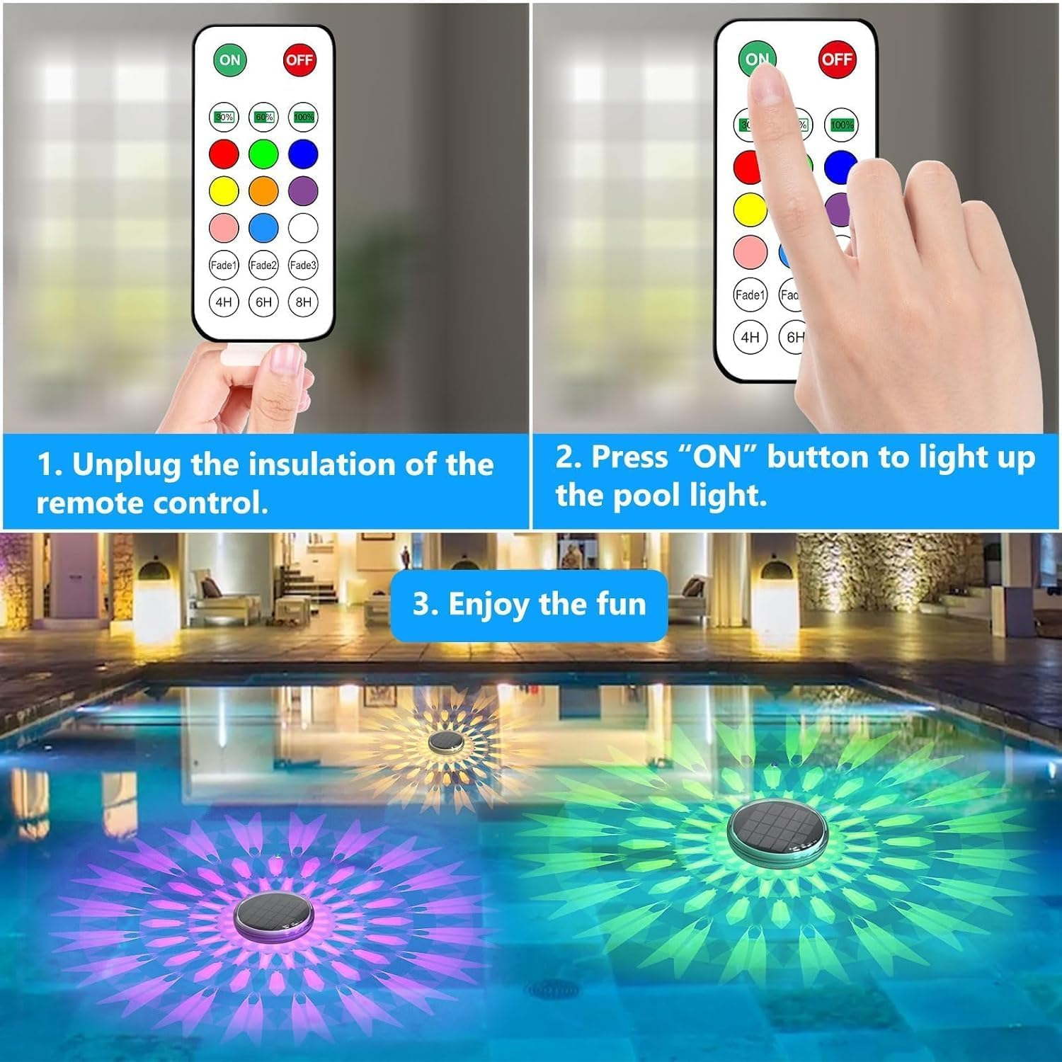 Solar Rechargeable Floating Pool Lights(2 Pack), Pool Lights That Float, 9 Lighting, Timing Mode, IPX7 Waterproof for Inground Pool, Bathroom, Bathtub, Pool Party image number 1